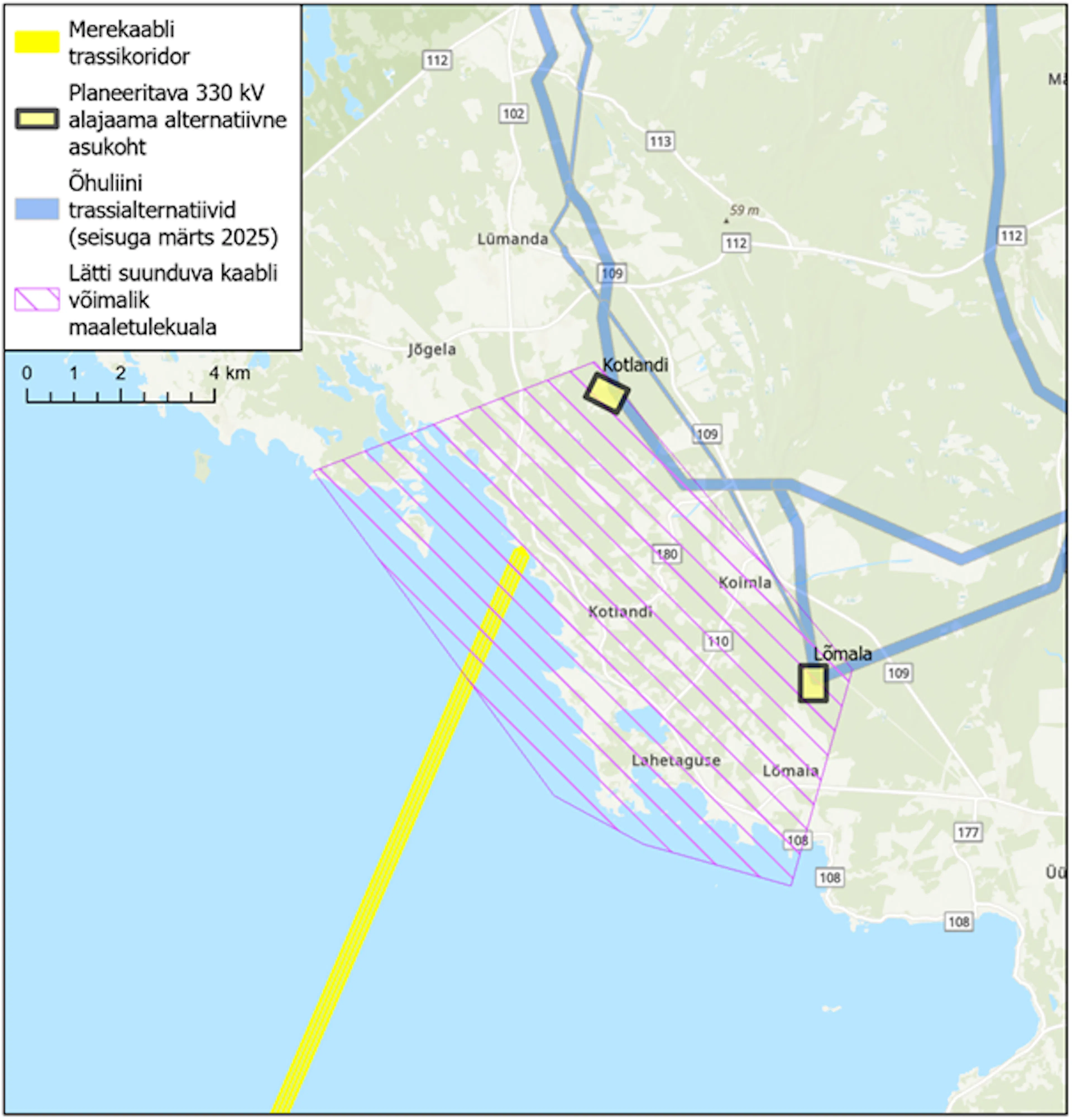 EE-LV IV REP-iga planeeritav Lätti suunduva kaabli võimalik maaletulekuala Edela-Saaremaal ja planeeritavad alternatiivsed alajaamad (Kotlandi, Lõmala). Allikas: REP-i kaardirakendus (seisuga 29.04.2025) .