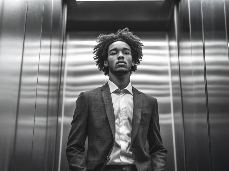 Man in lift. AI beeld.