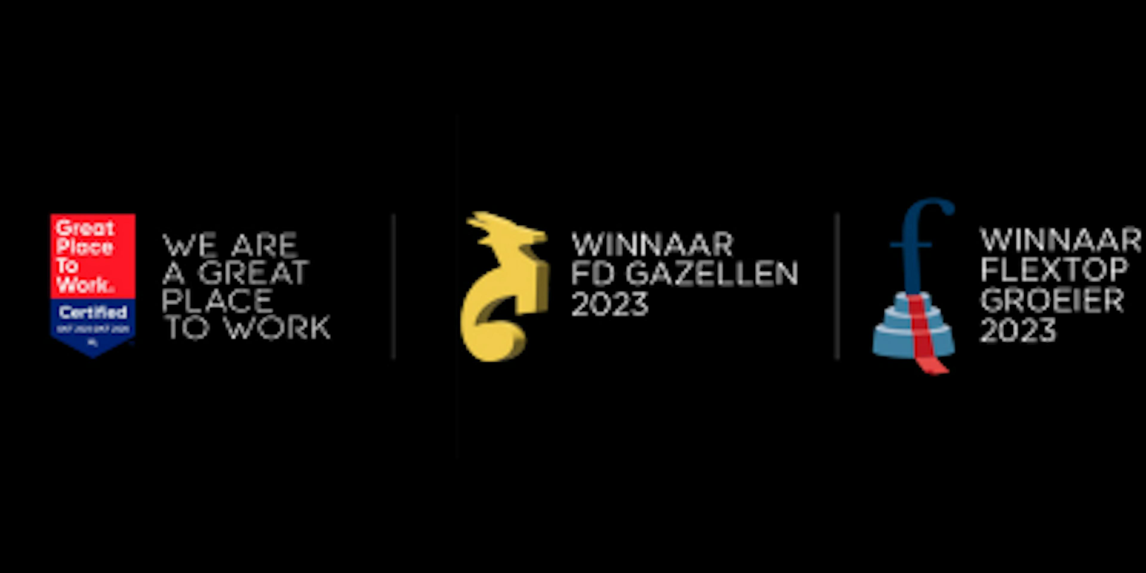 logo's van great place to work, winnaar fd gazellen 2023, en flextop groeier 2023.