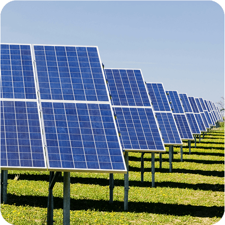 Solar panels in a row on green grass – solar energy production in Estonia