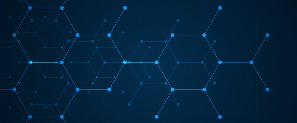 Futuristic biotech network with interconnected hexagons and blue nodes.