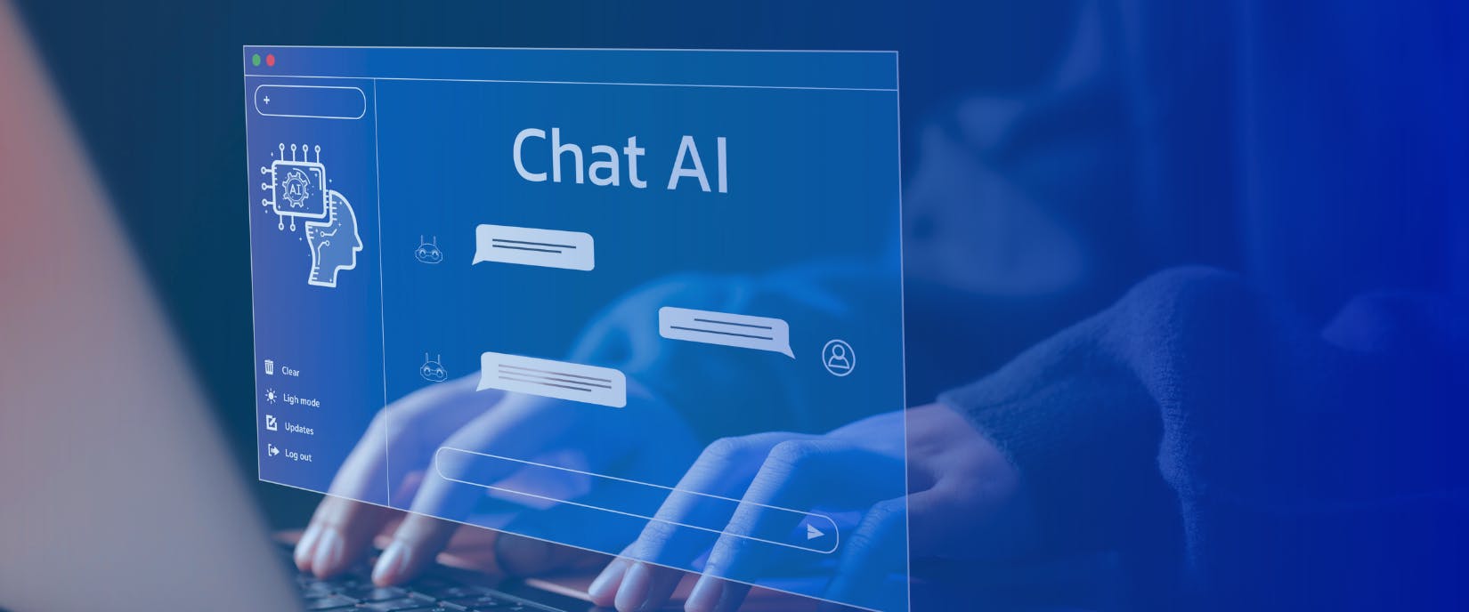 Hands typing with a Chat AI screen overlay