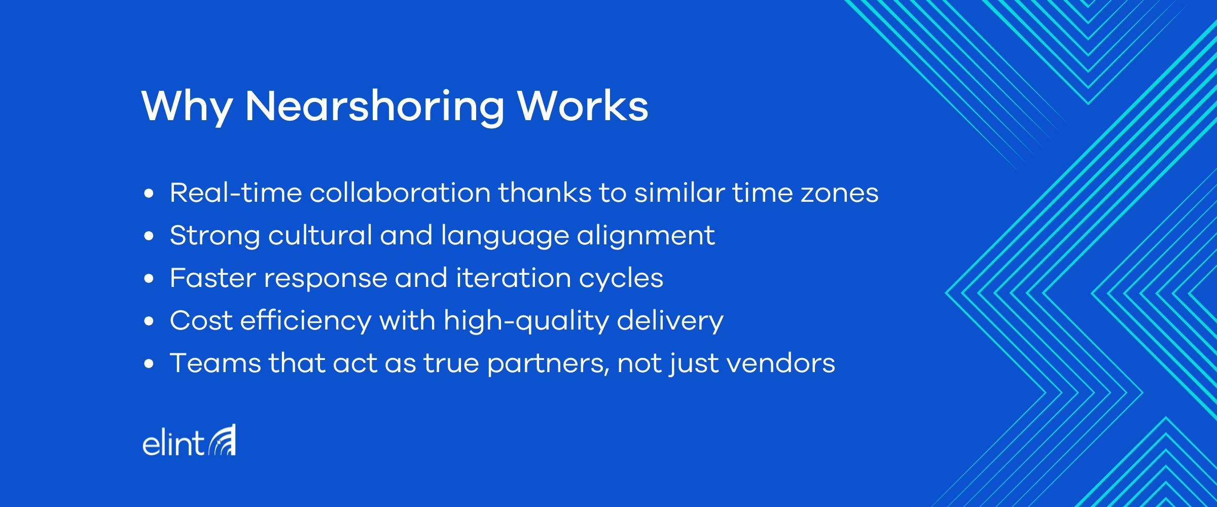 Infographic showing the main benefits of nearshoring: real-time collaboration, cultural alignment, faster response, cost efficiency, and partnership mindset.