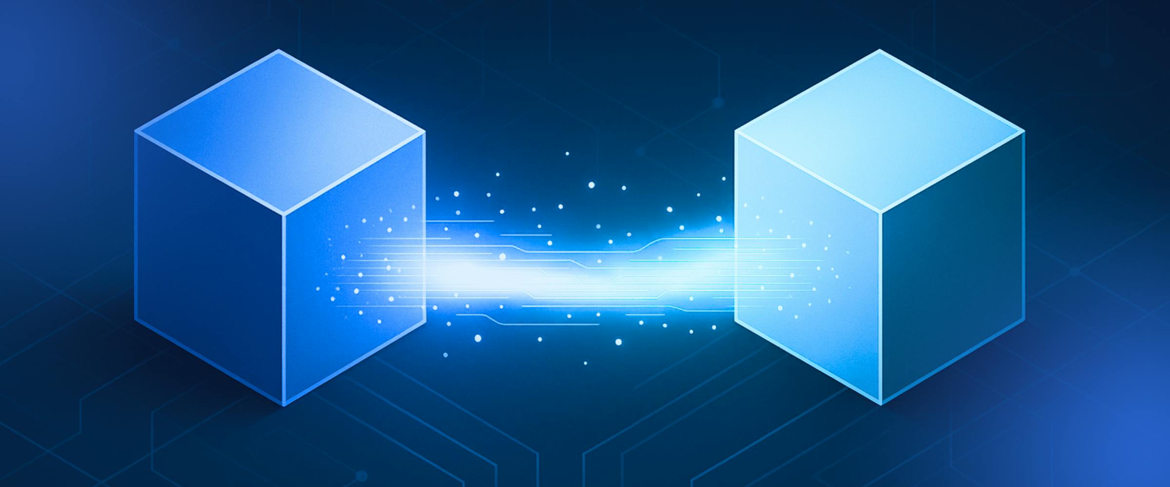 Abstract illustration of two digital blocks connected by a flow of data, symbolizing nearshoring collaboration in software development