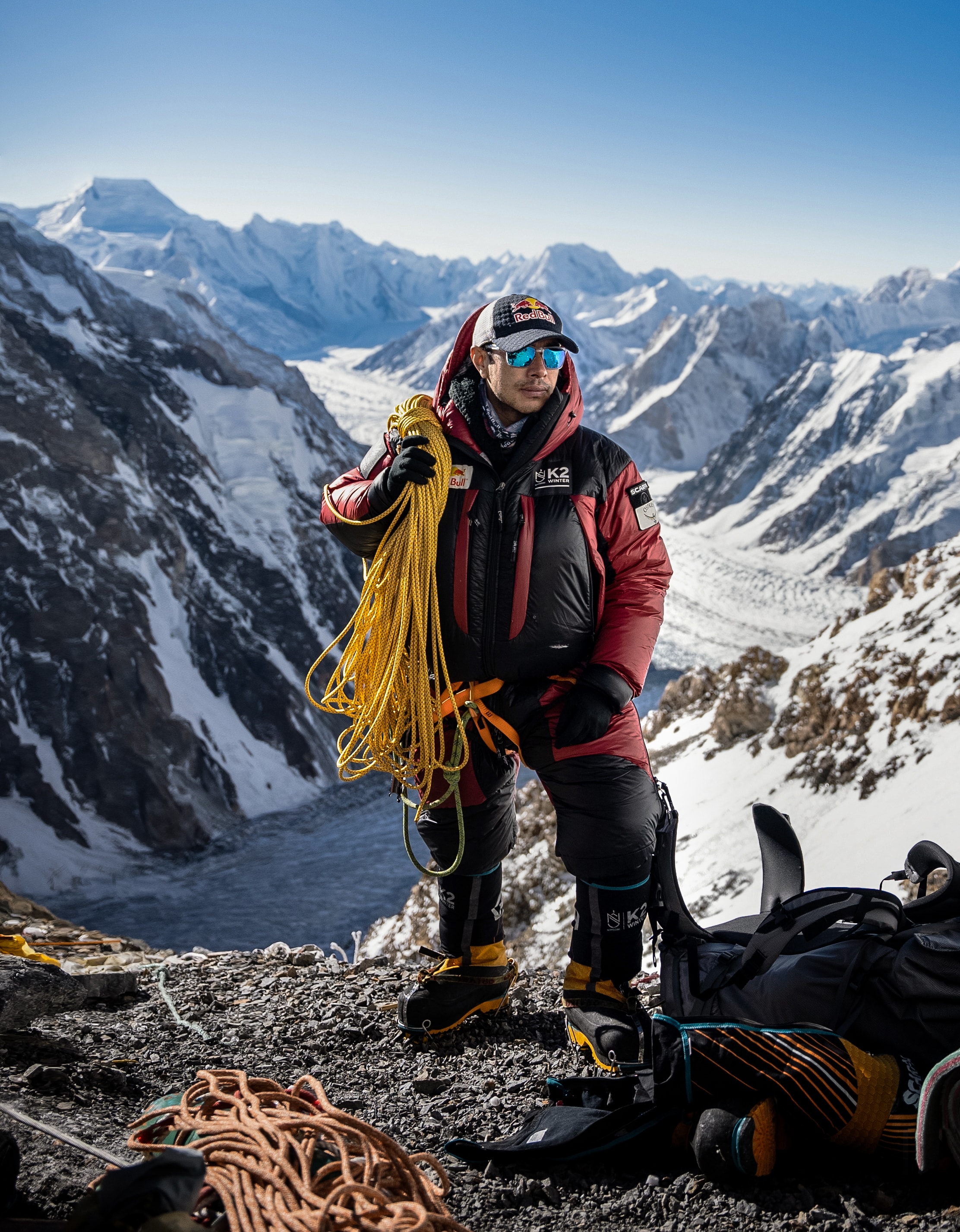 Nimsdai Purja MBE preparing and checking equipment at K2