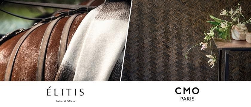 L'image de droite montre un revêtement mural marron foncé de la marque CMO accompgnée de son logo en dessous en noir et blanc. L'iamge de gauche montre un tissu de la collaboration ÉlitisxLUMA positionné sur la croupe d'un cheval dans la camargue accompagné du logo Élitis en dessous en noir et blanc.