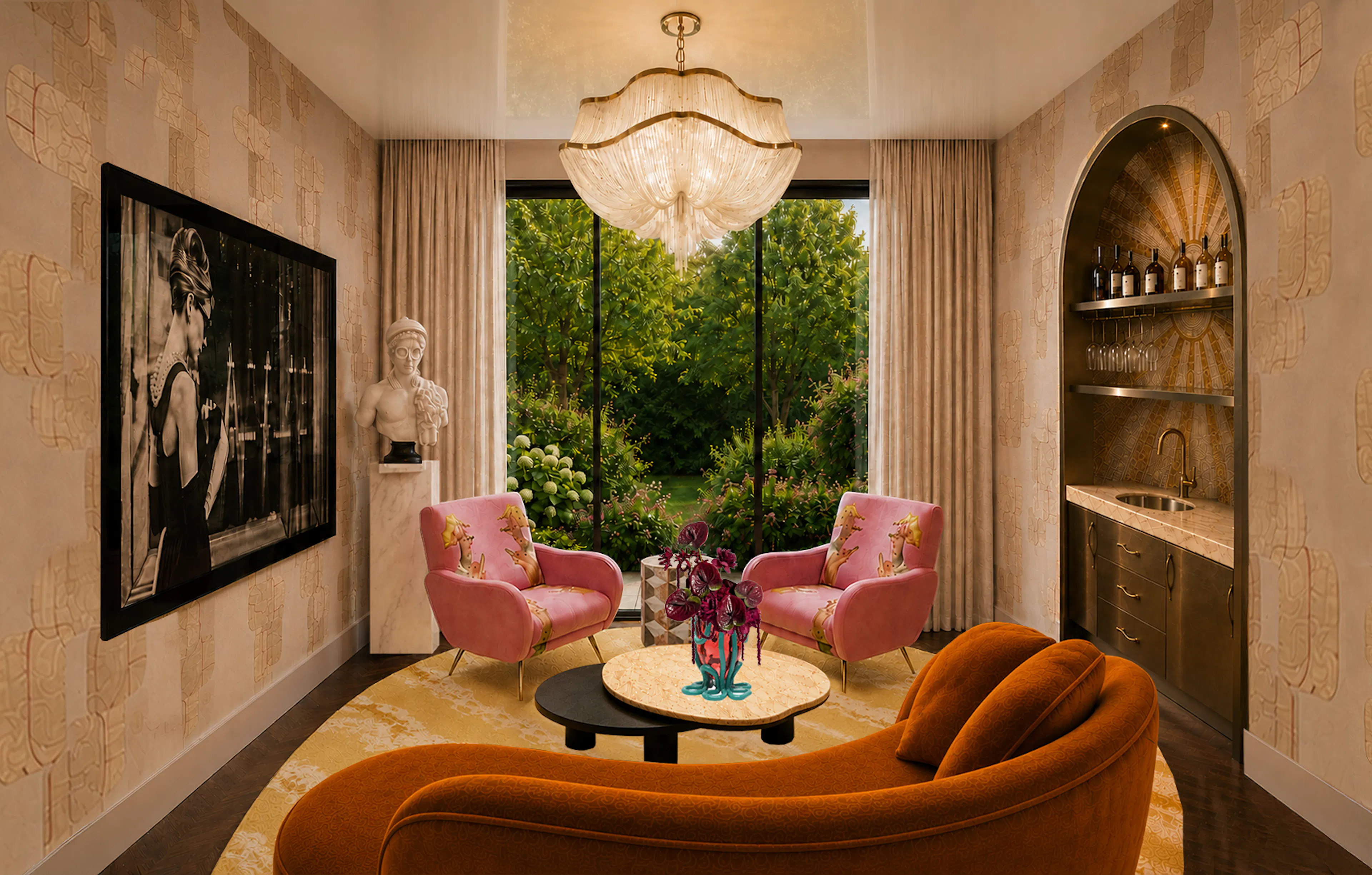 An enetretainment room with a large screen adn a met bar. Gold bold wallpaper, a yellow area rug, a curved orange sofa and 2 hot pink fun lounge chairs. the room has a glass window to a lush green garden.