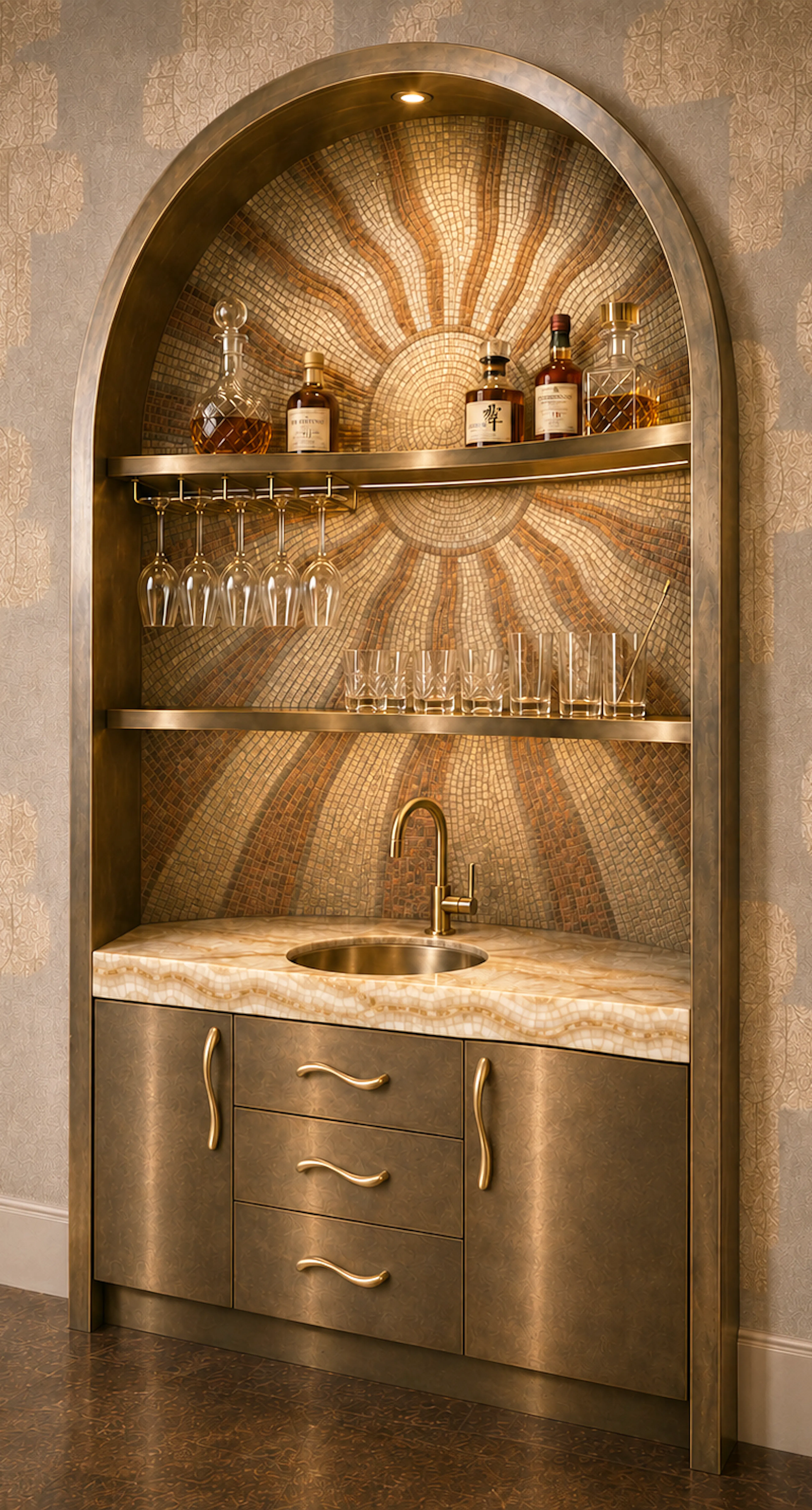 a wet bar fitted inside an arched niche. there is a gold sun mosaic pattern in the back and metal cabinets on the bottom with an onyx countertop and gold metal faucet and shelves