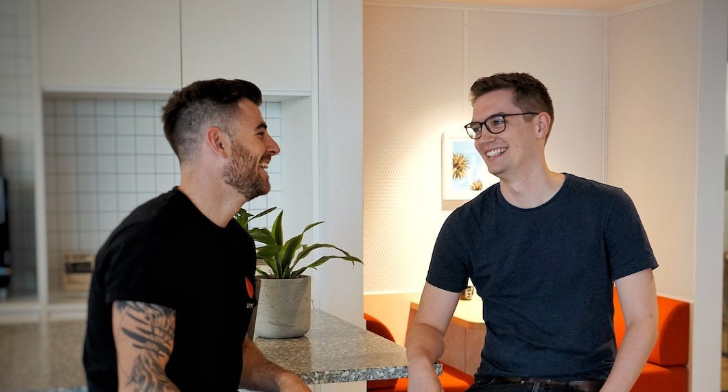 Dan Hogan on the left and Aaron Shaw on the right, co-founders of Ember in discussion.