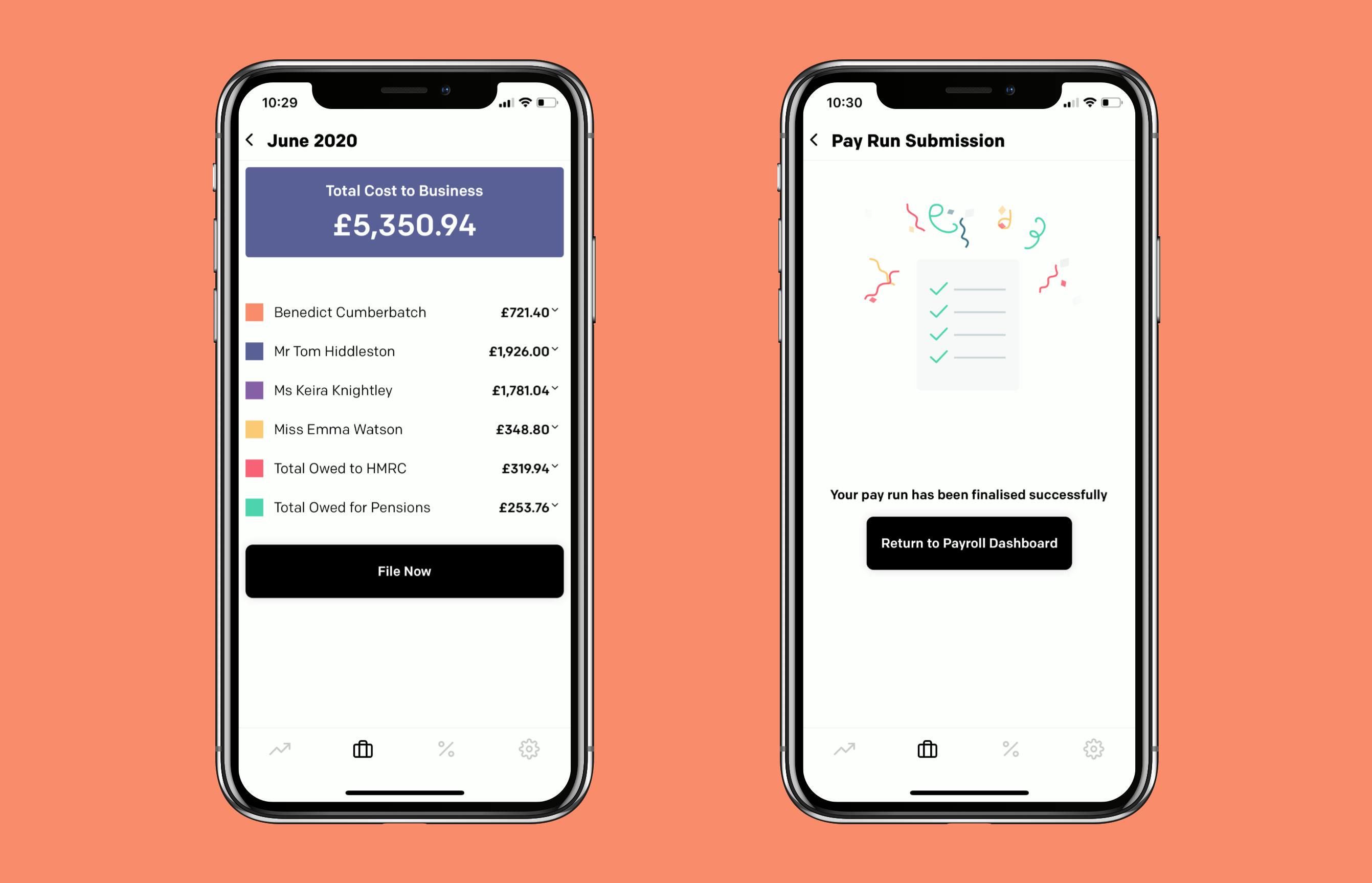 Screenshots of the Ember app displaying payroll