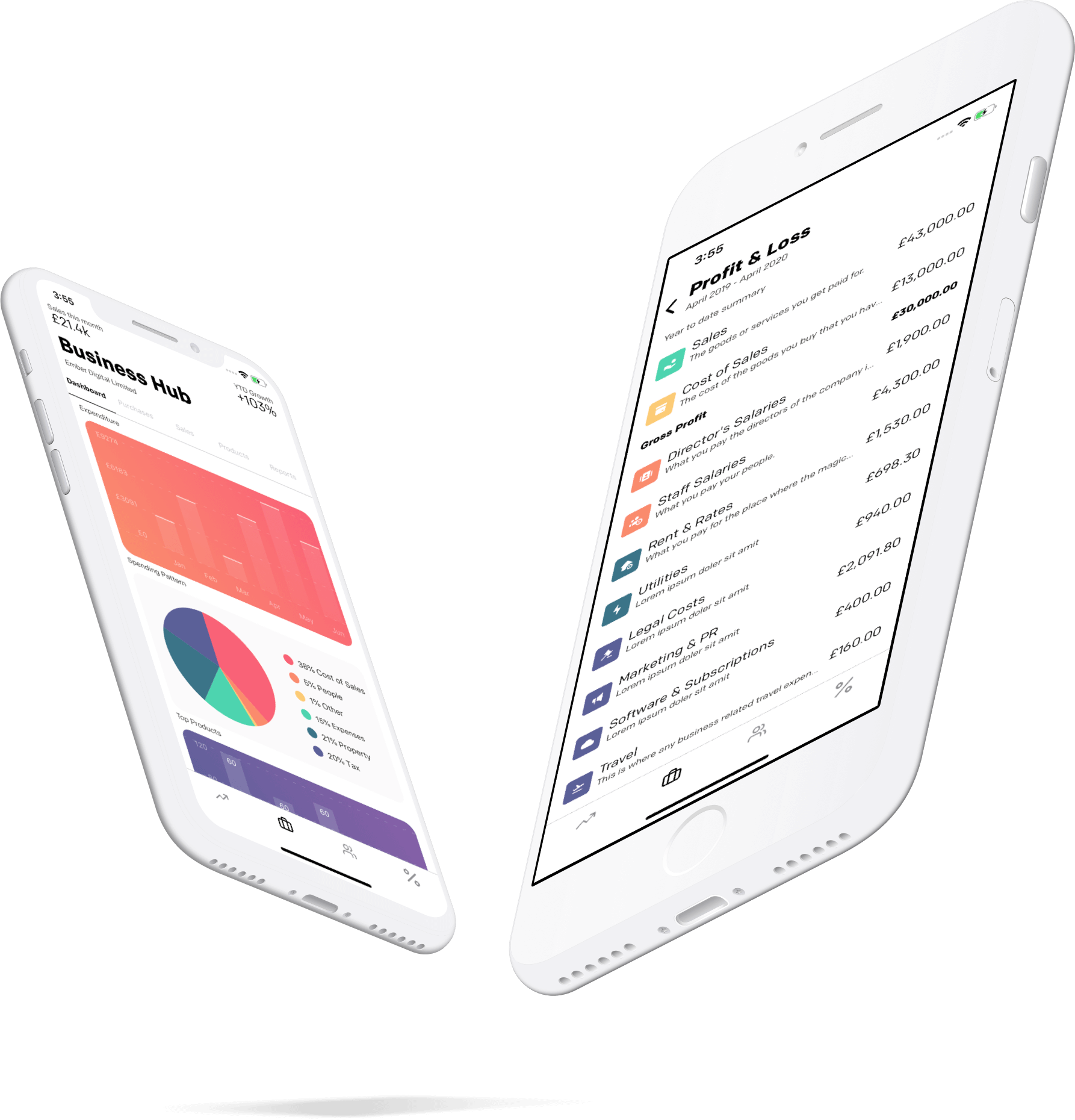 Two floating mobile phones displaying the Ember Business Hub and the Profit and Loss.