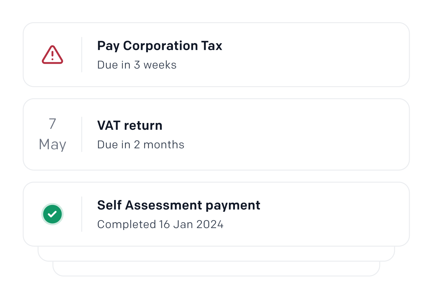 A task list that Ember provides showing Corporation Tax payments due, a VAT return that’s due soon and a completed Self Assessment payment.