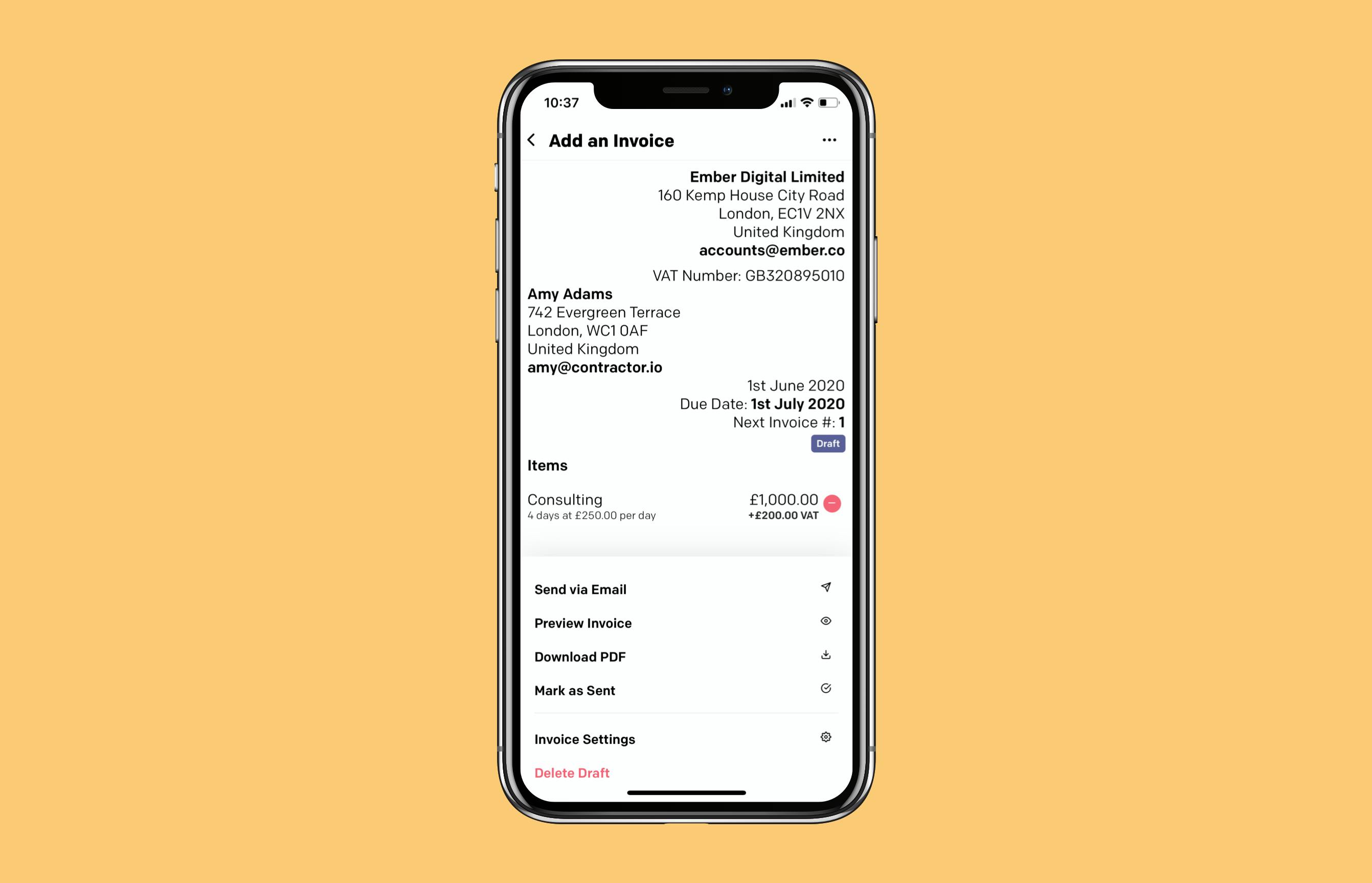 Invoicing screens on iOS device