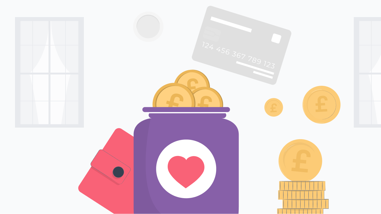 Money point surrounded by coins