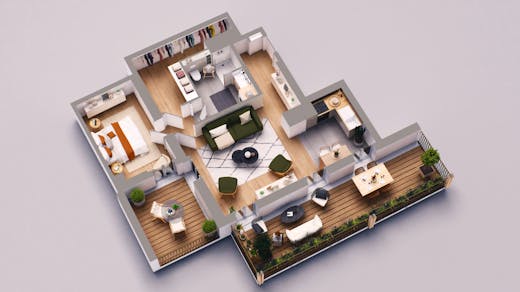 Plan 3D d'un appartement neuf du programme immobilier "25 Rue d'Annam" à Paris 20