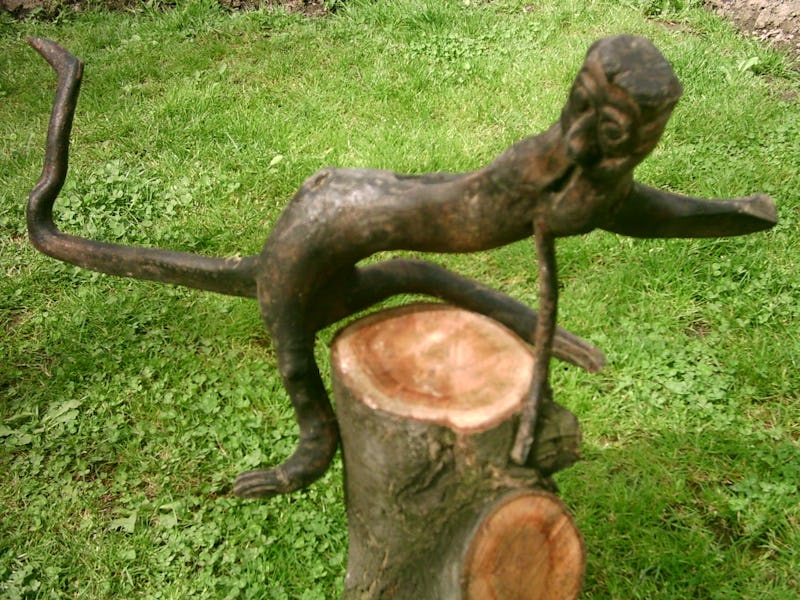 Rădăcină de copac sub forma unei maimuțe așezate pe un butuc de lemn