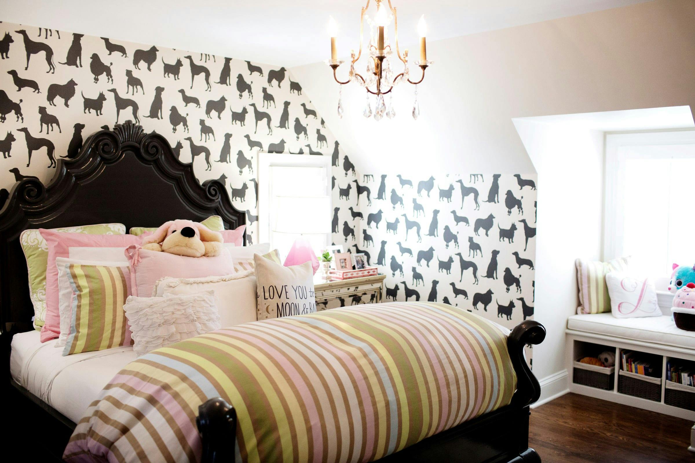 girl's room with black and white dog wallpaper