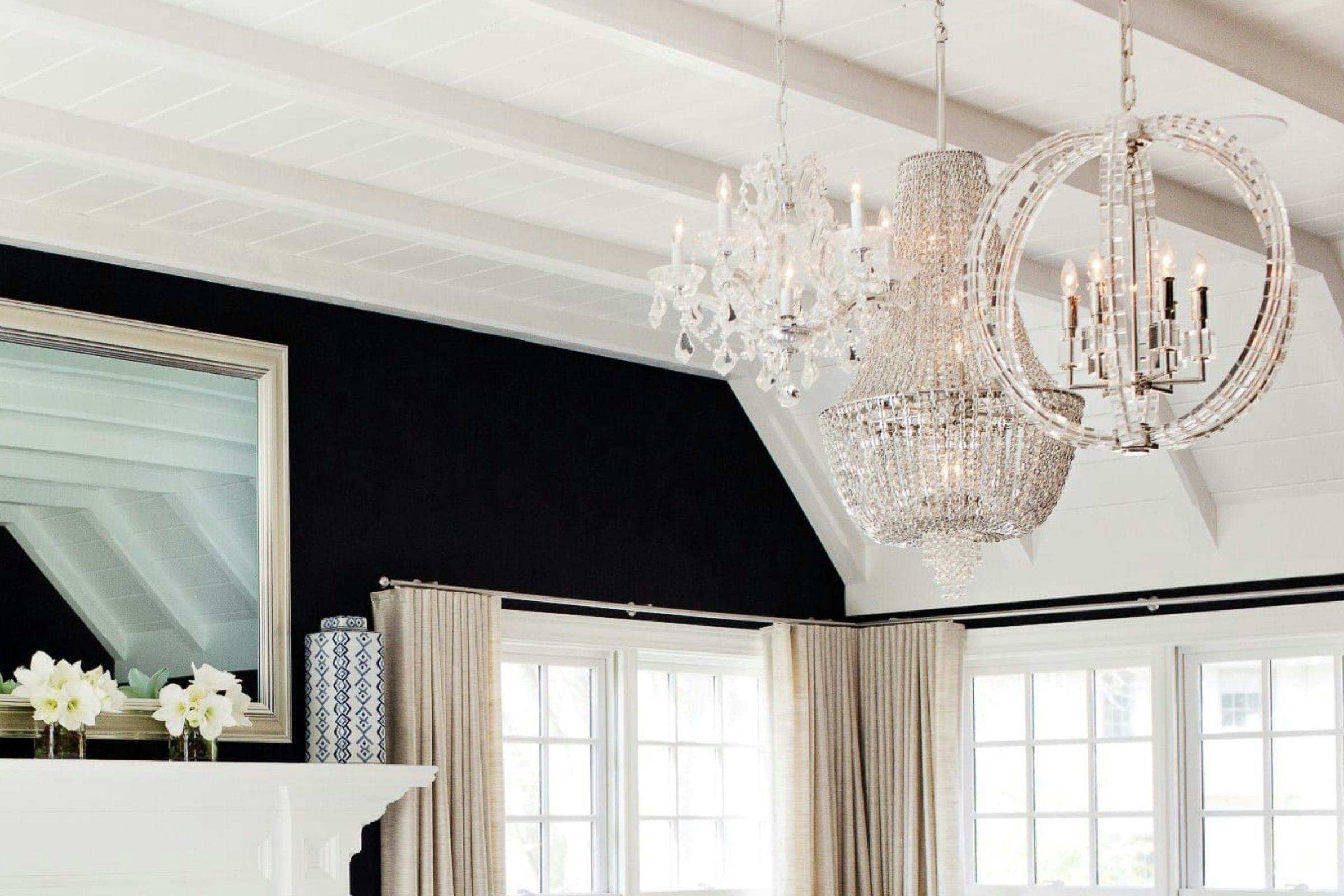 three chandeliers hanging in the owner's suite