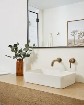 wood vanity and wall mounted plumbing fixture