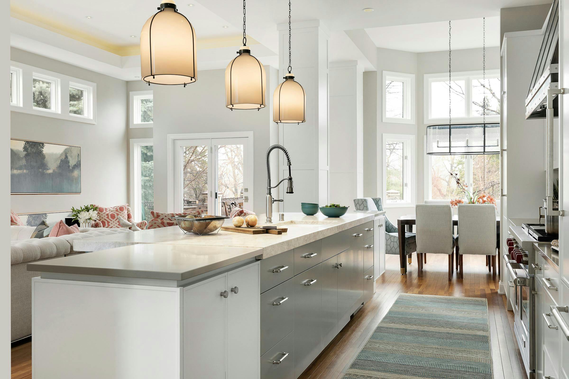 galley style kitchen layout with island, dining seating