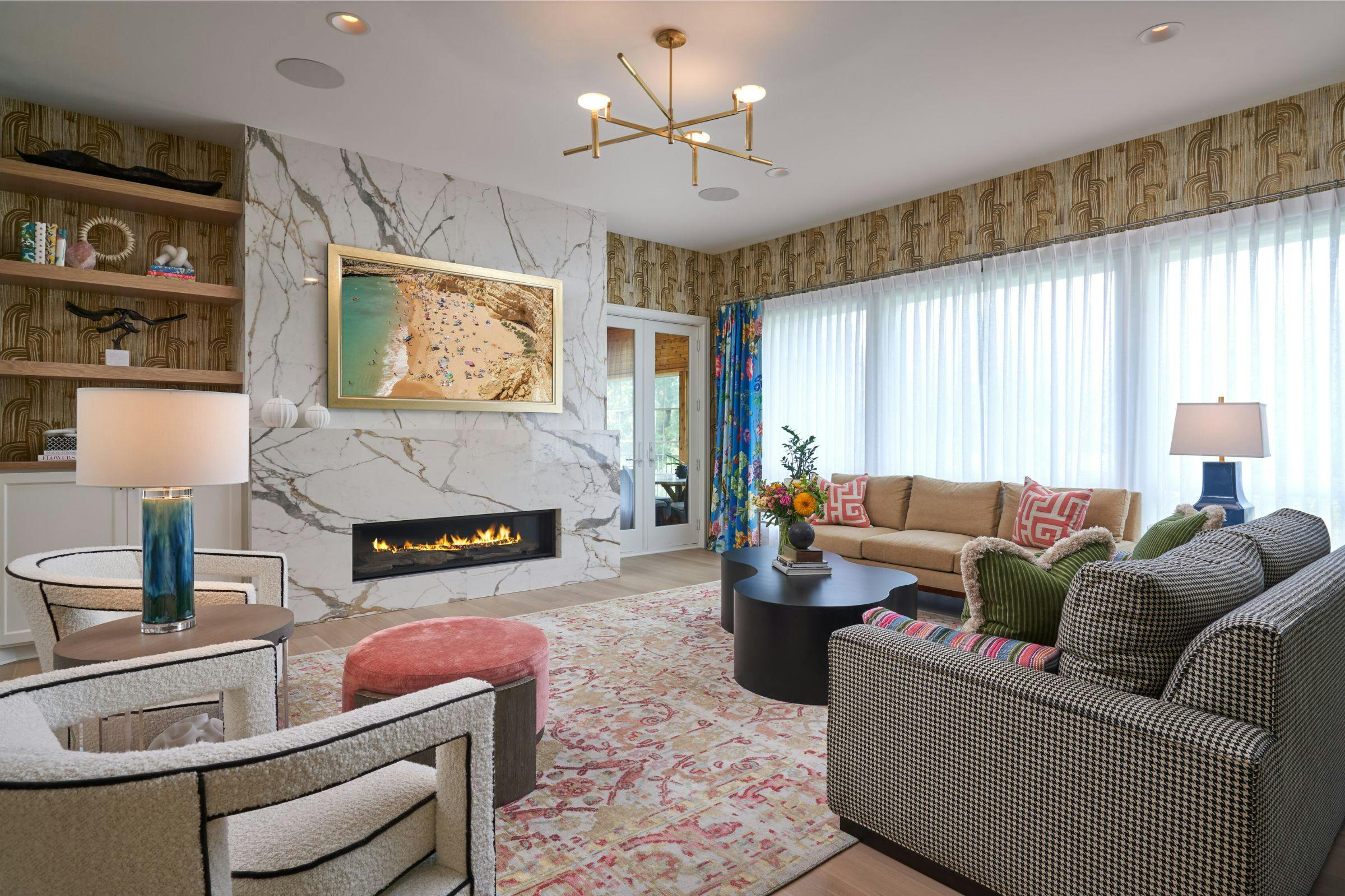 white and gold living room with fireplace