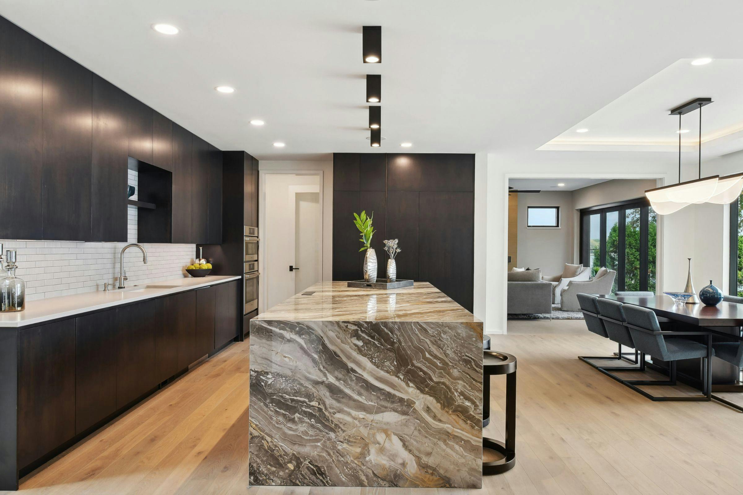 modern black and white kitchen with island