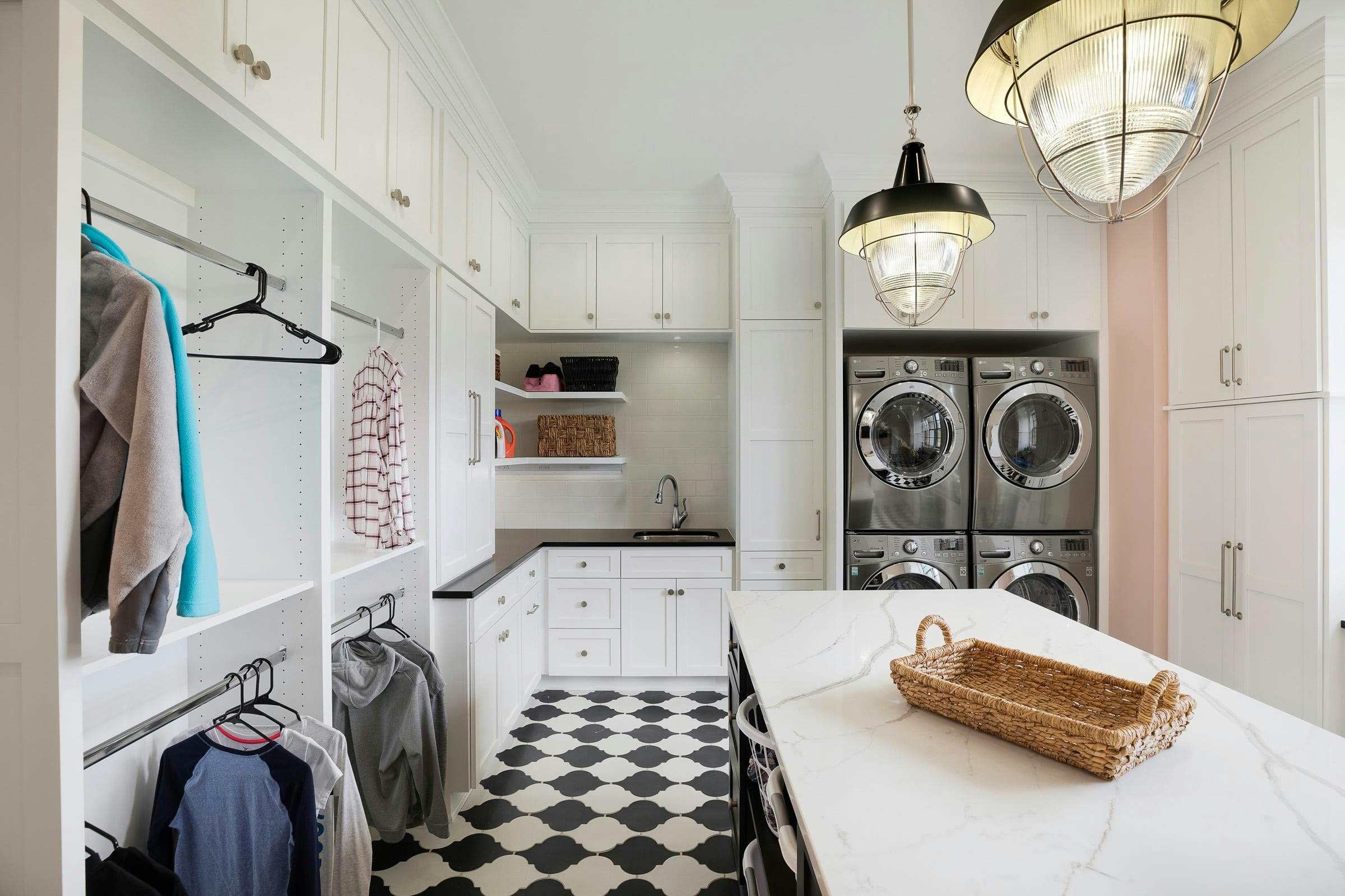 black, white and pink laundry room