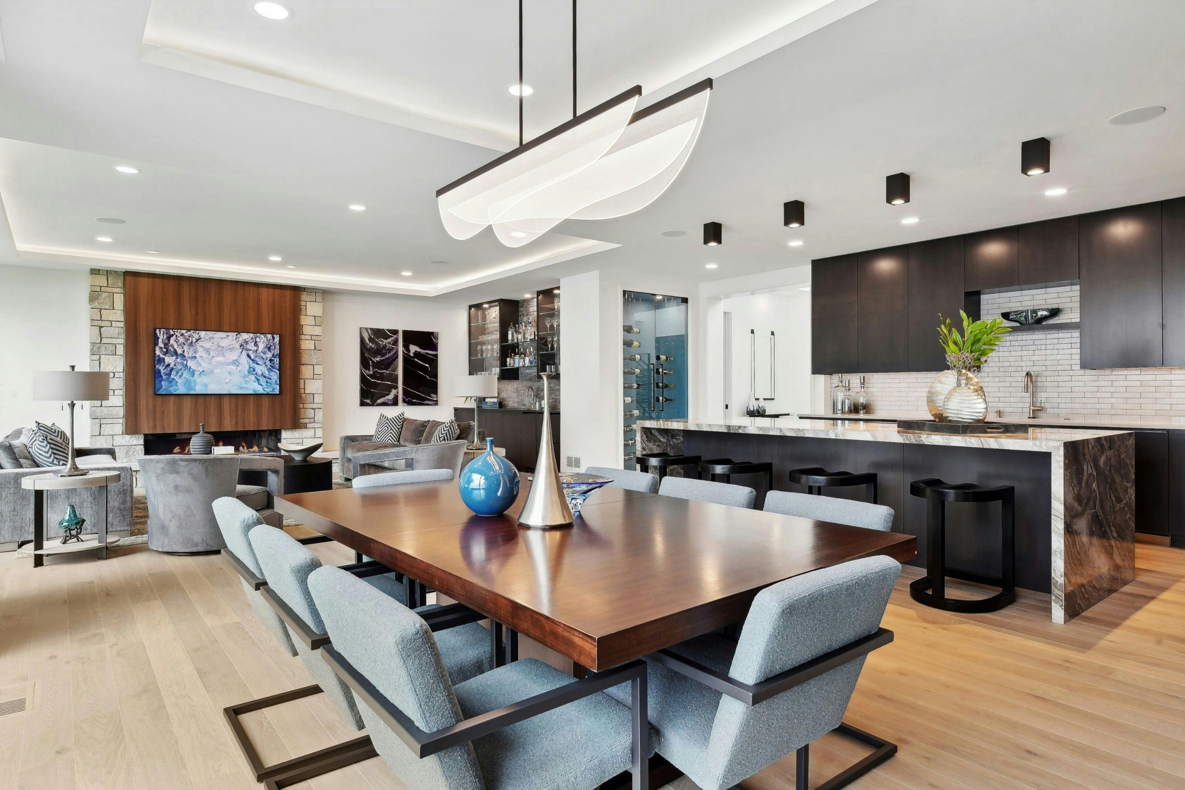 bright open concept dining, living and kitchen