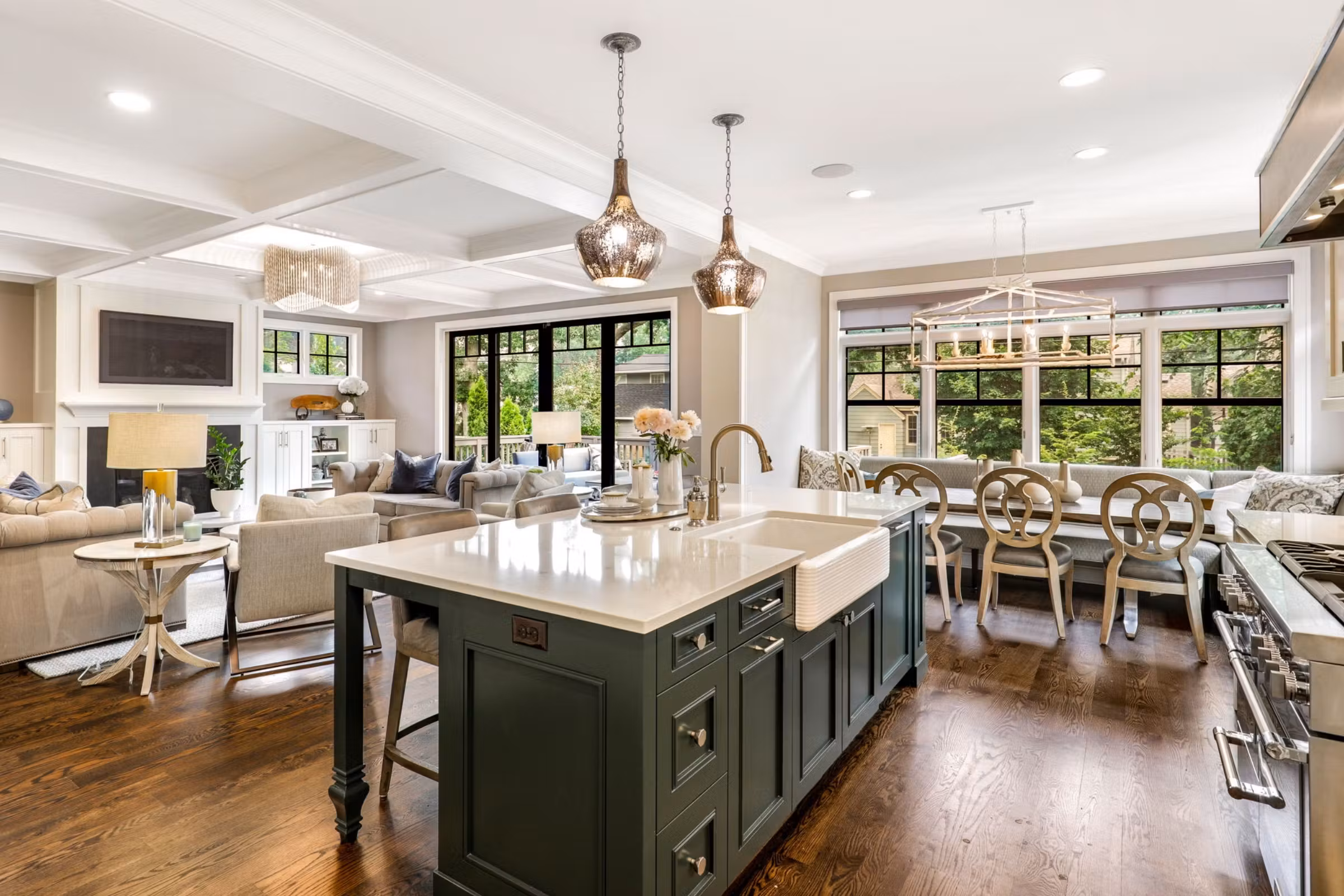 bright open concept kitchen and living room design