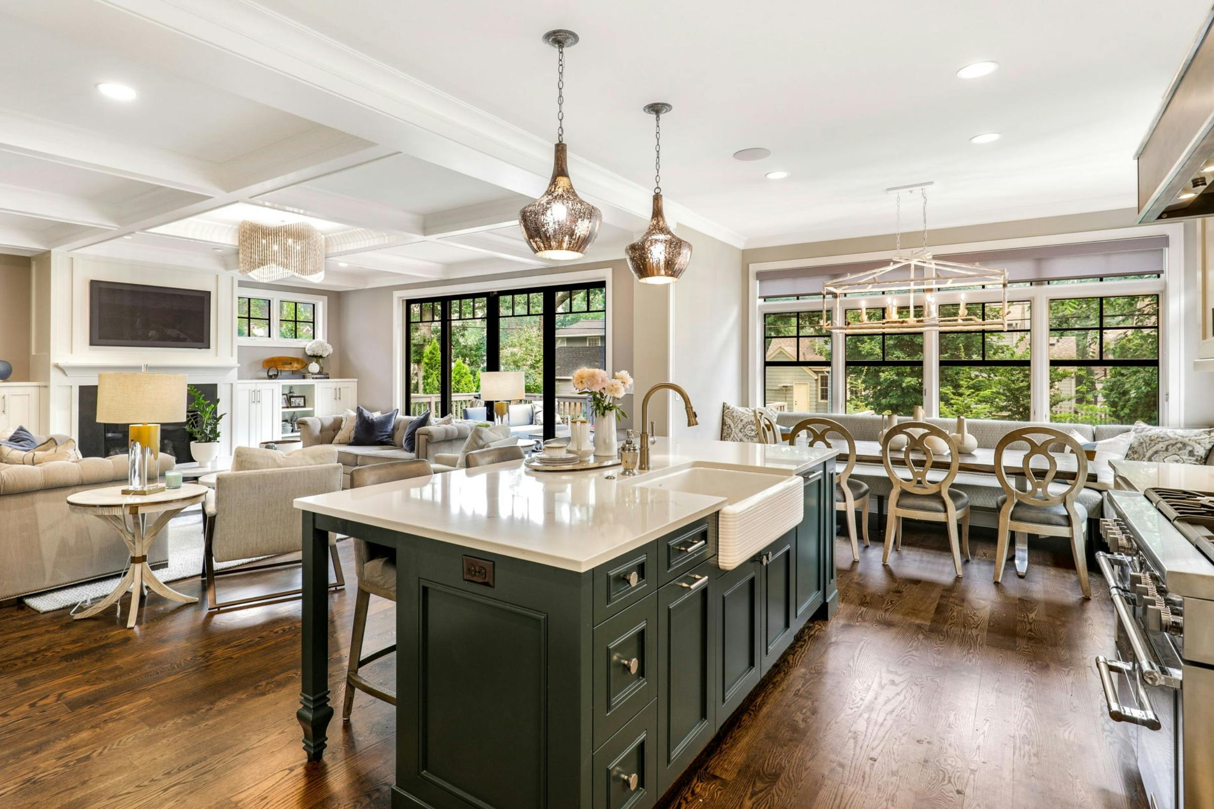 bright open concept kitchen and living room design