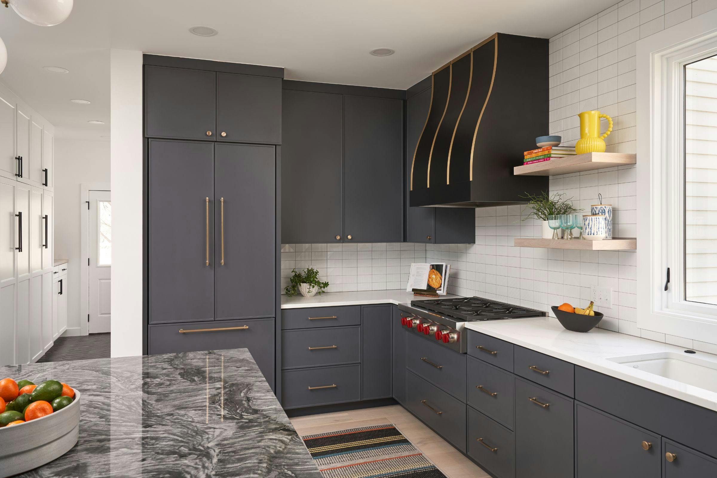 black and white kitchen, grey island top