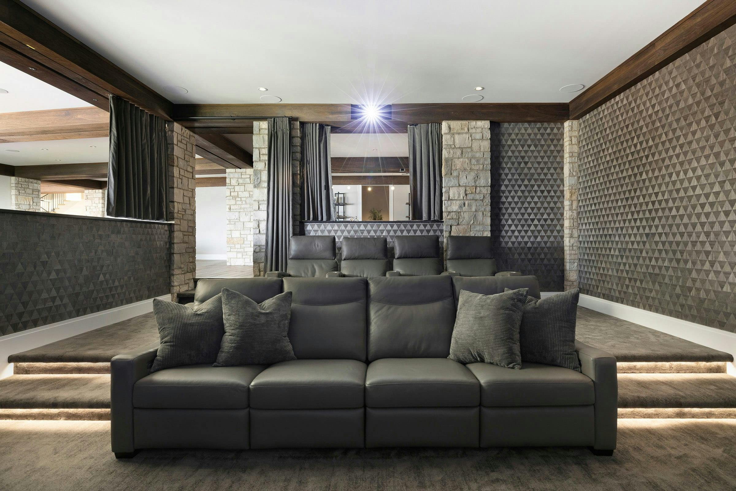 home movie theater with leather sitting