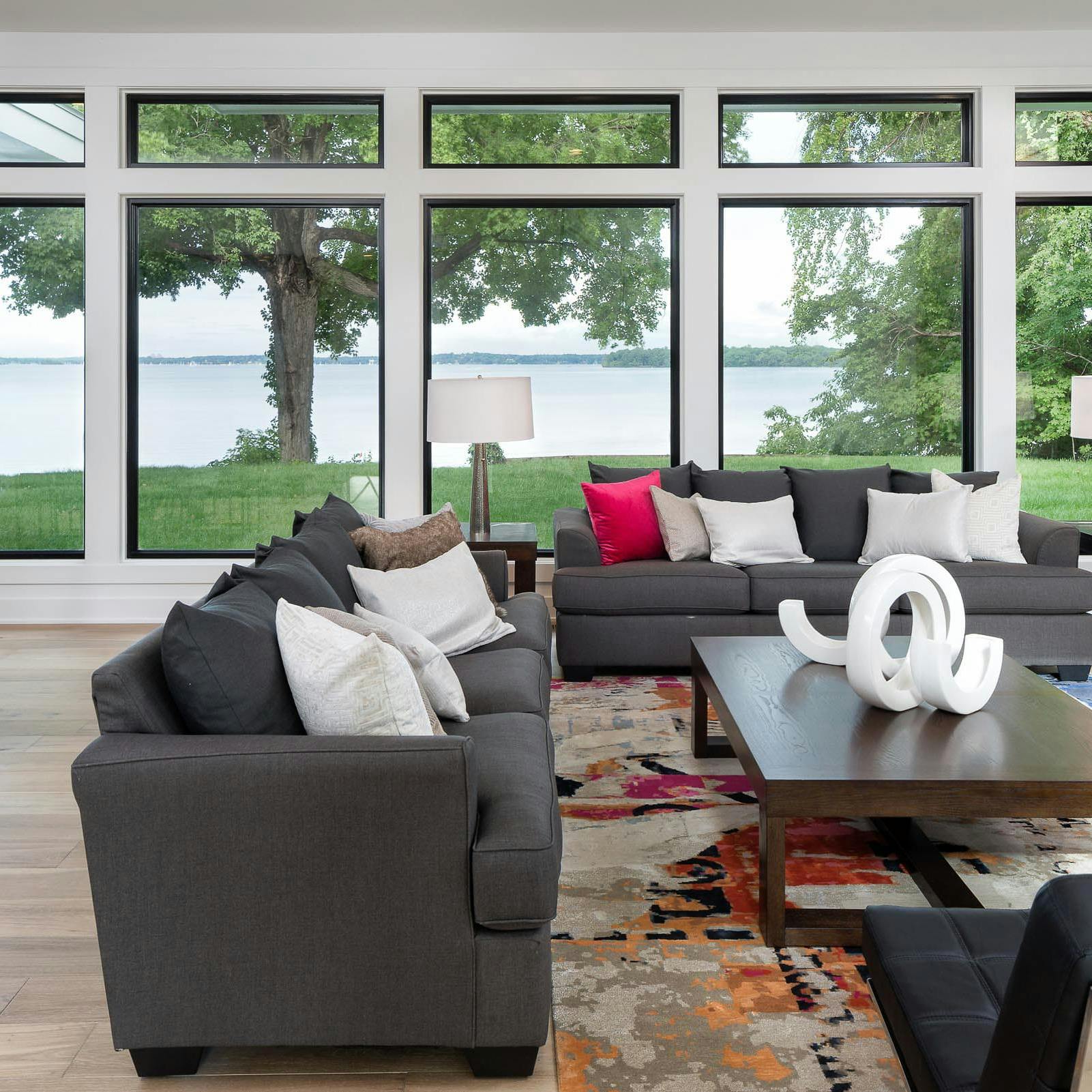 living room with large glass windows