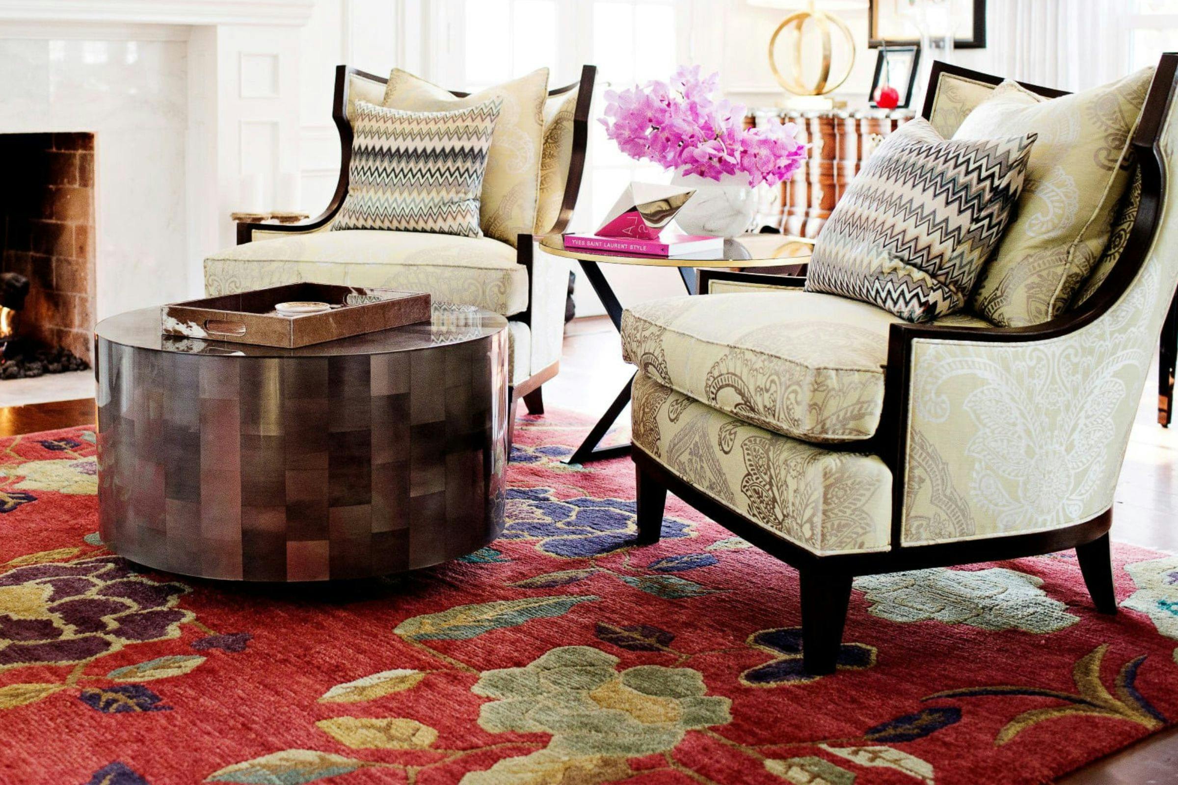 Barbara Barry baker chairs, Missoni cushions, red rug