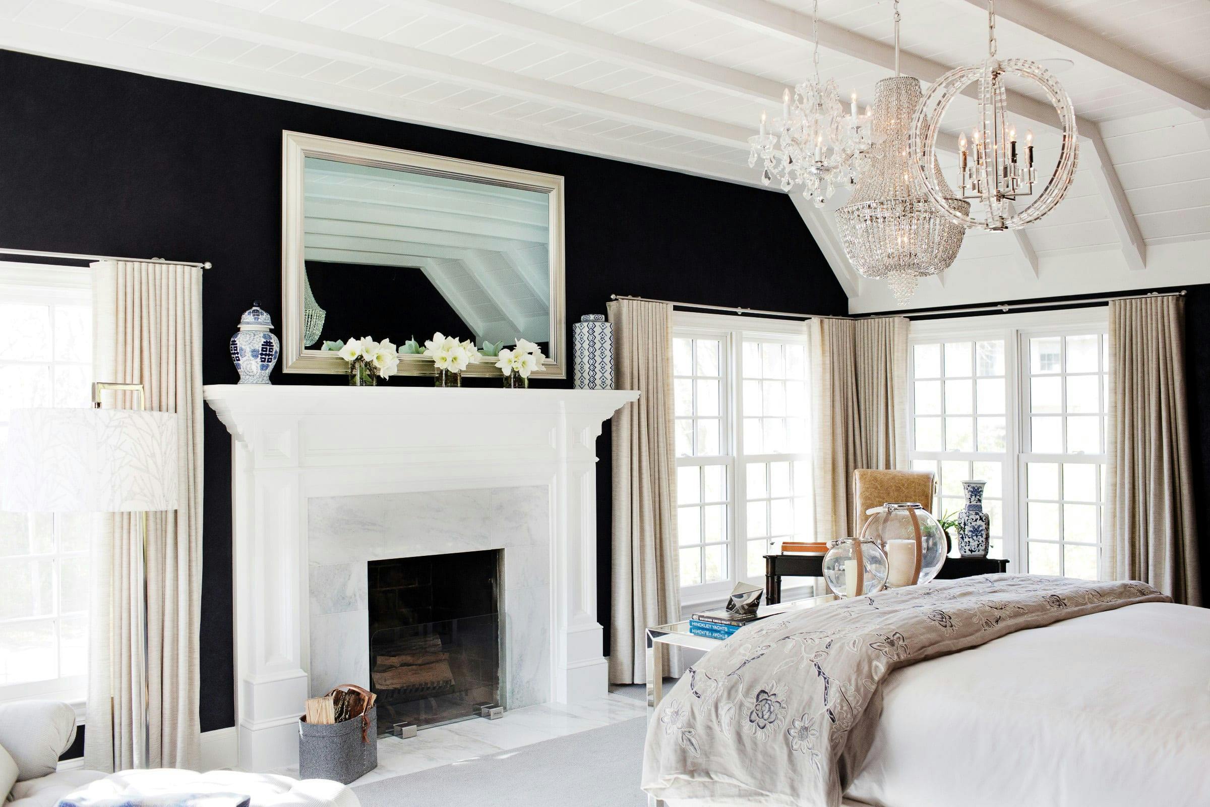 navy blue owner's suite bedroom, fireplace