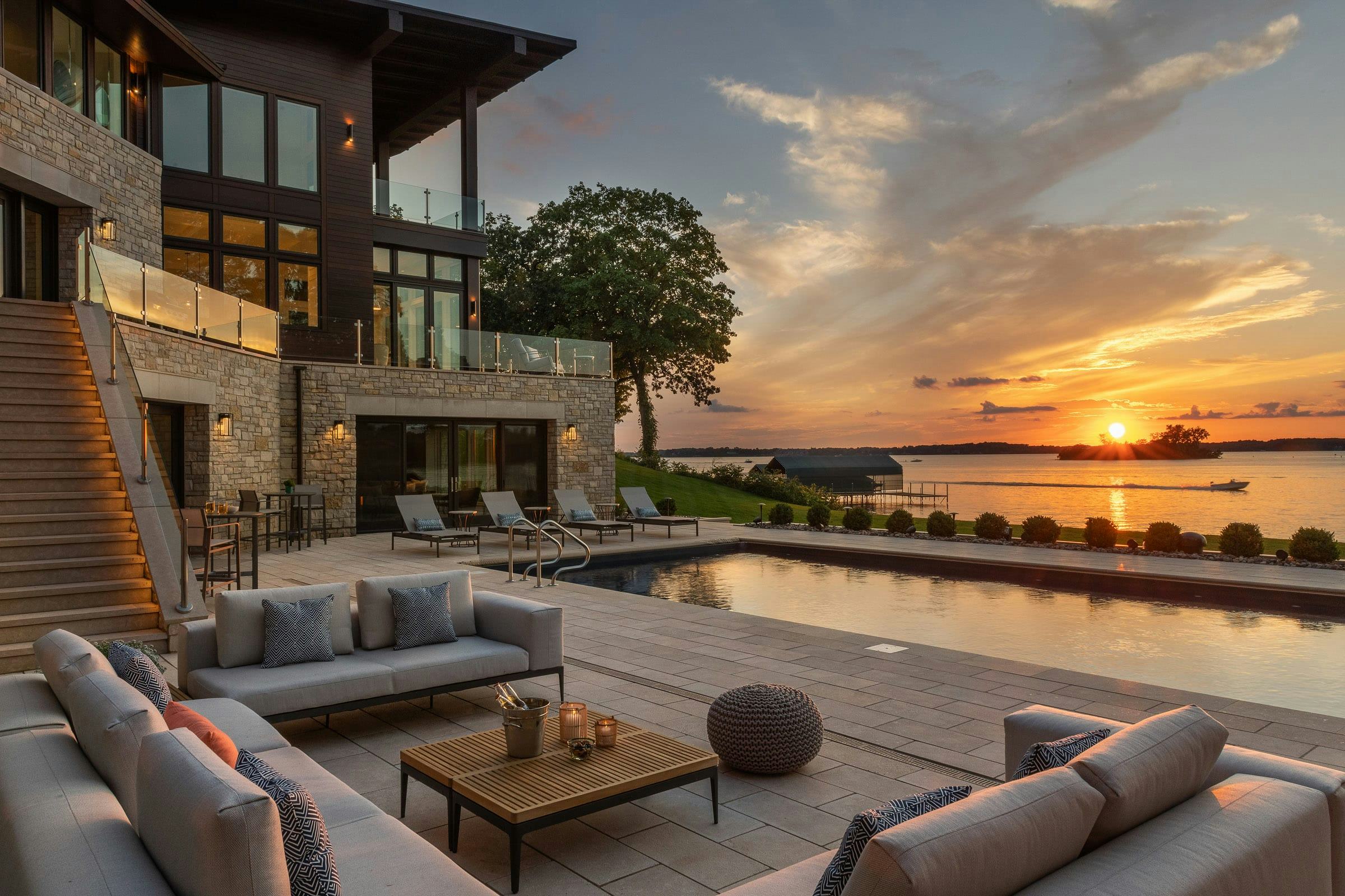 sunset of patio and pool