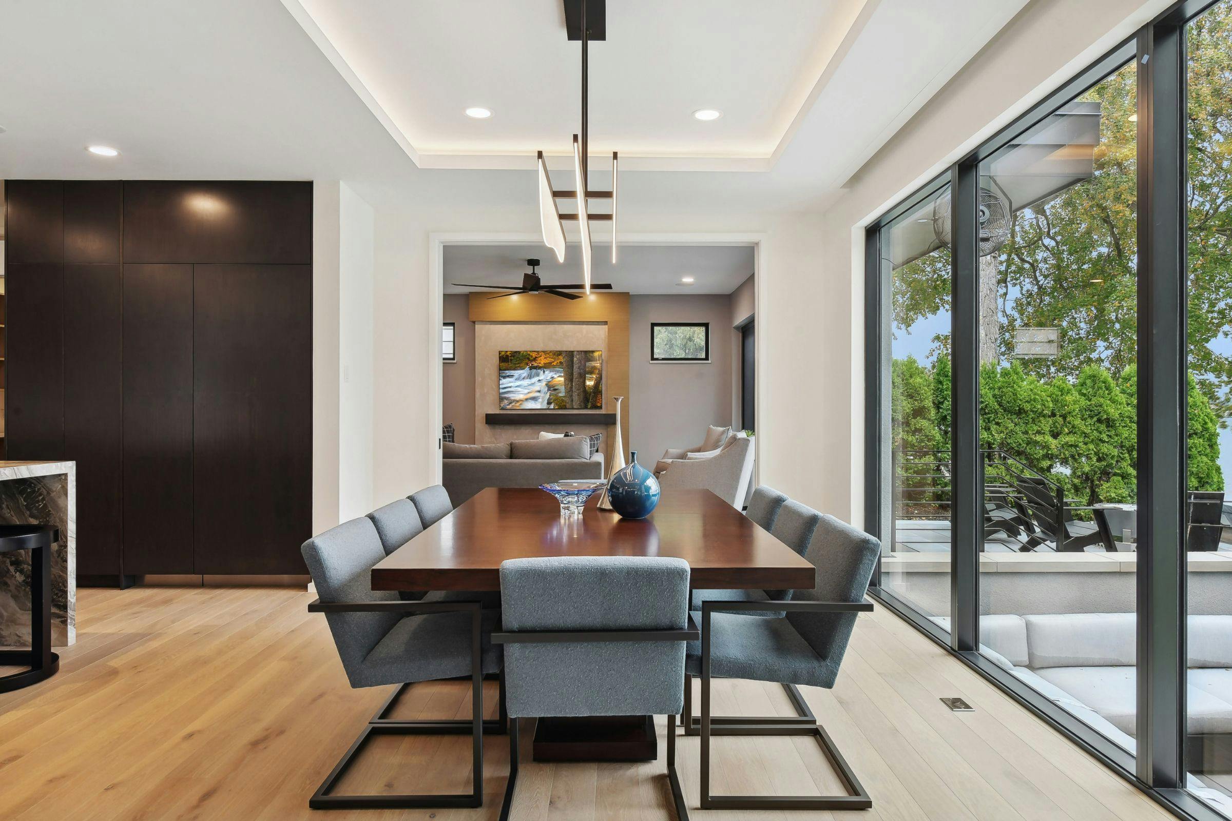 dining room table, large glass windows