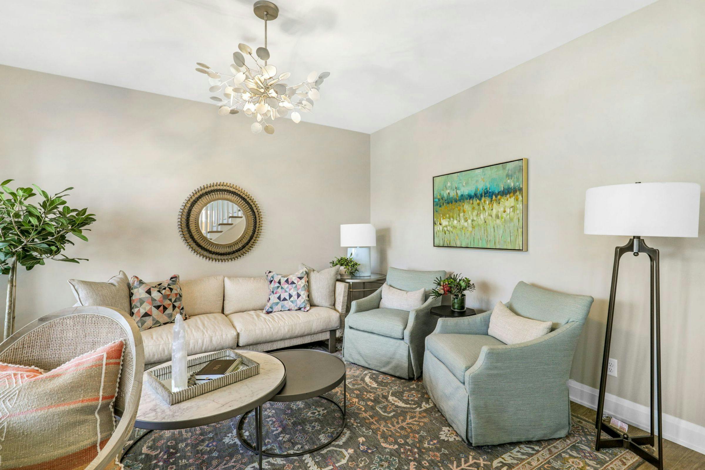 sofa and arm chairs with nesting coffee tables