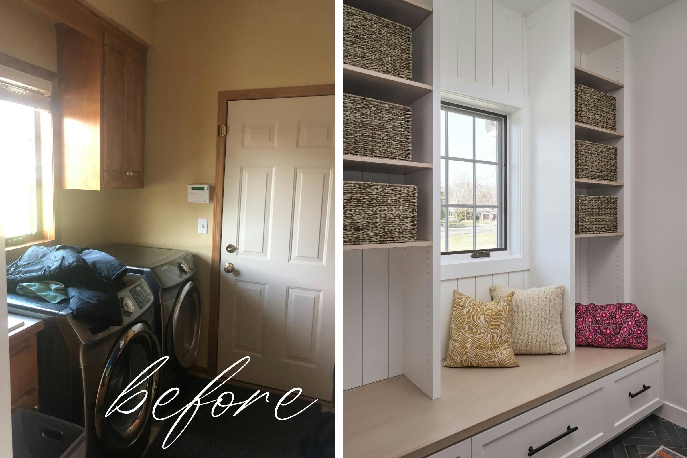 before and after mudroom with bench