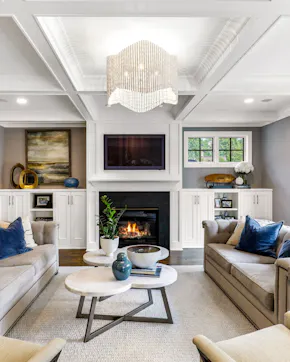 fireplace, TV, coffee tables