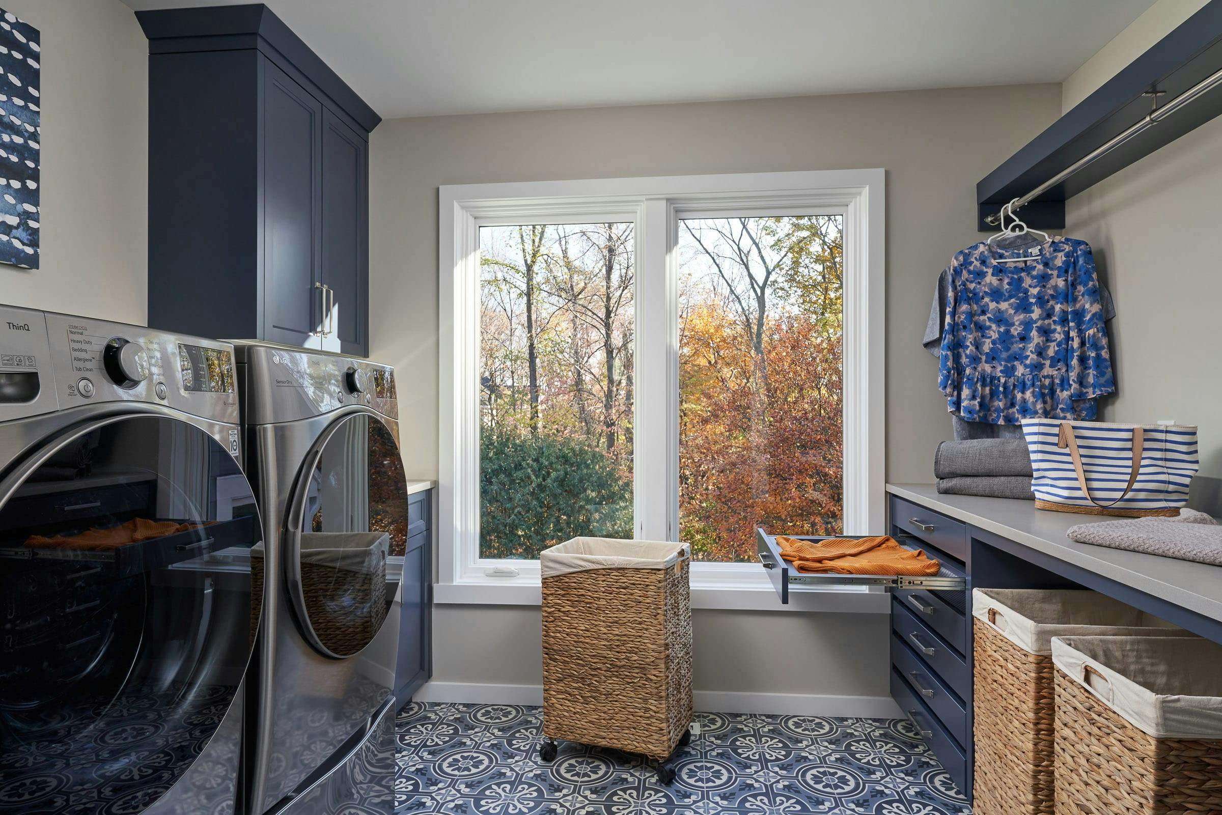 blue and white pattern laundry room