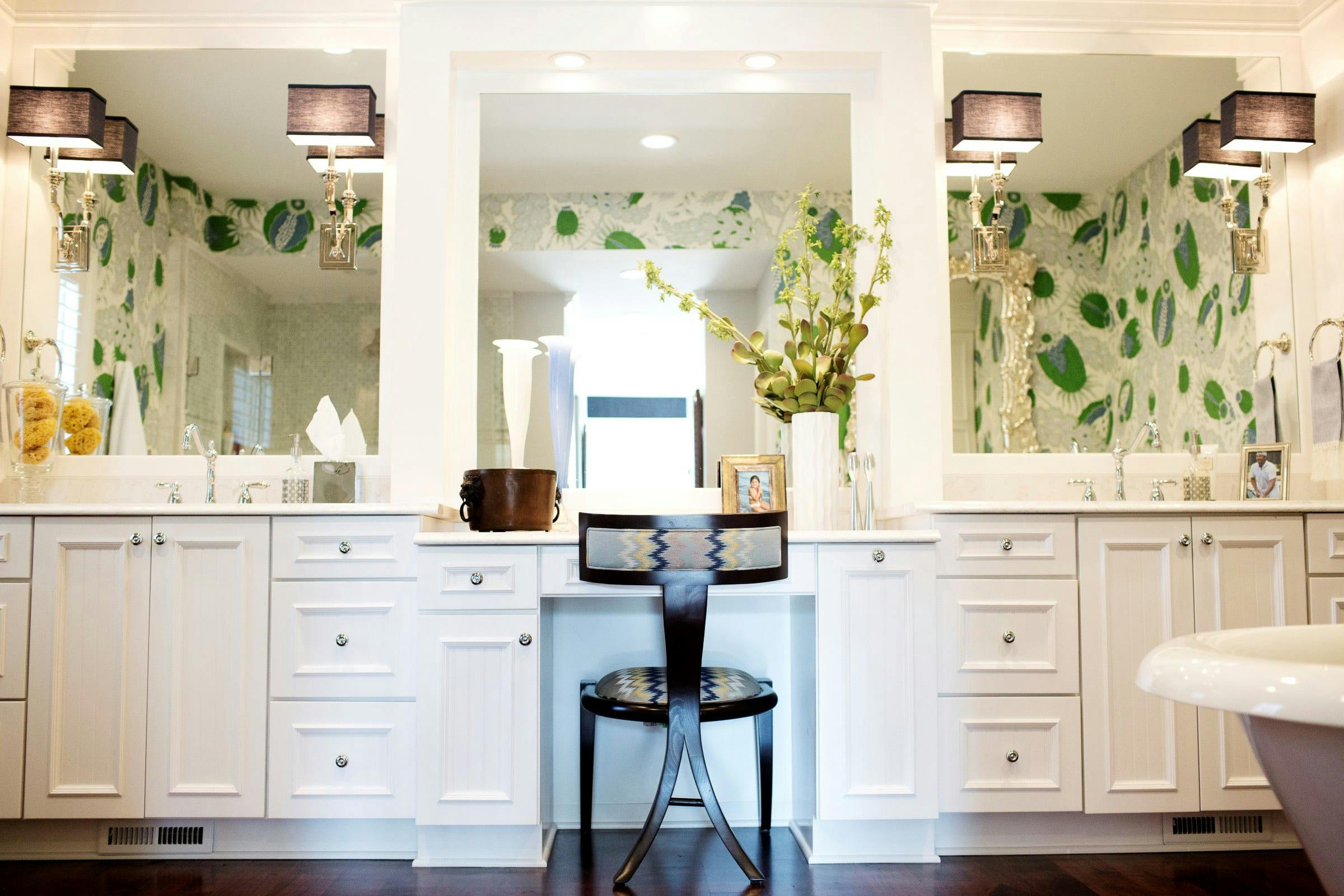 white bathroom vanity, vibrant green hand printed wall covering