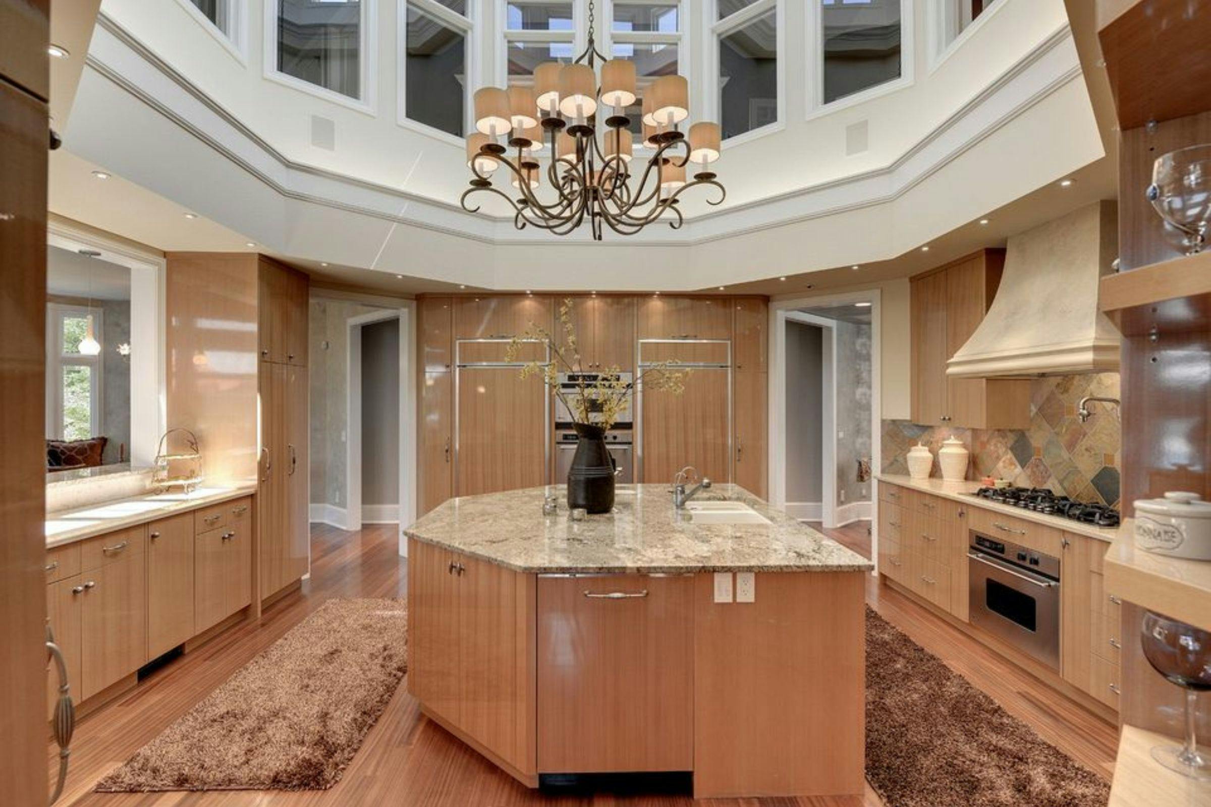 before outdated tan kitchen, island, chandelier
