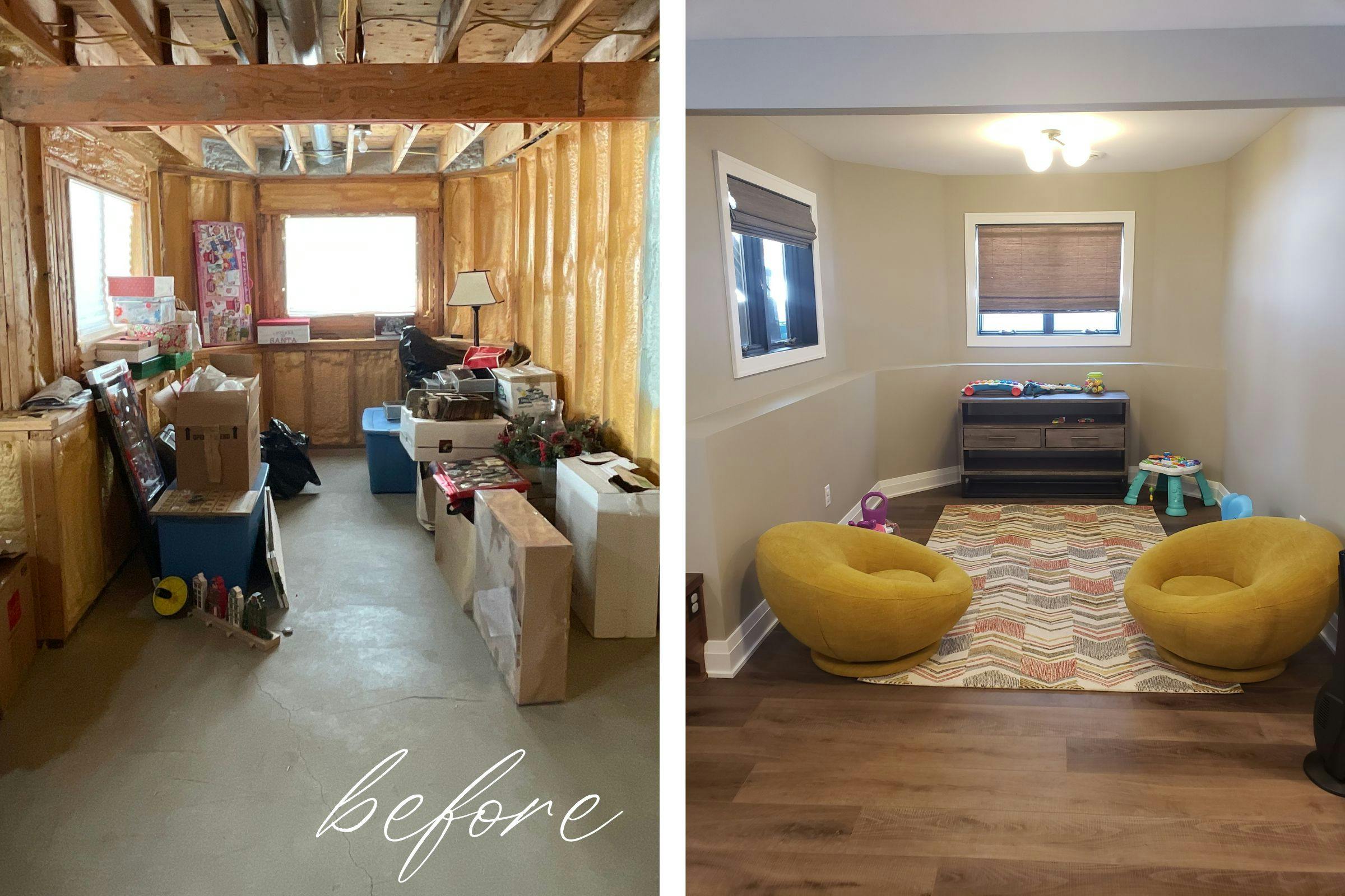 before and after corner of basement