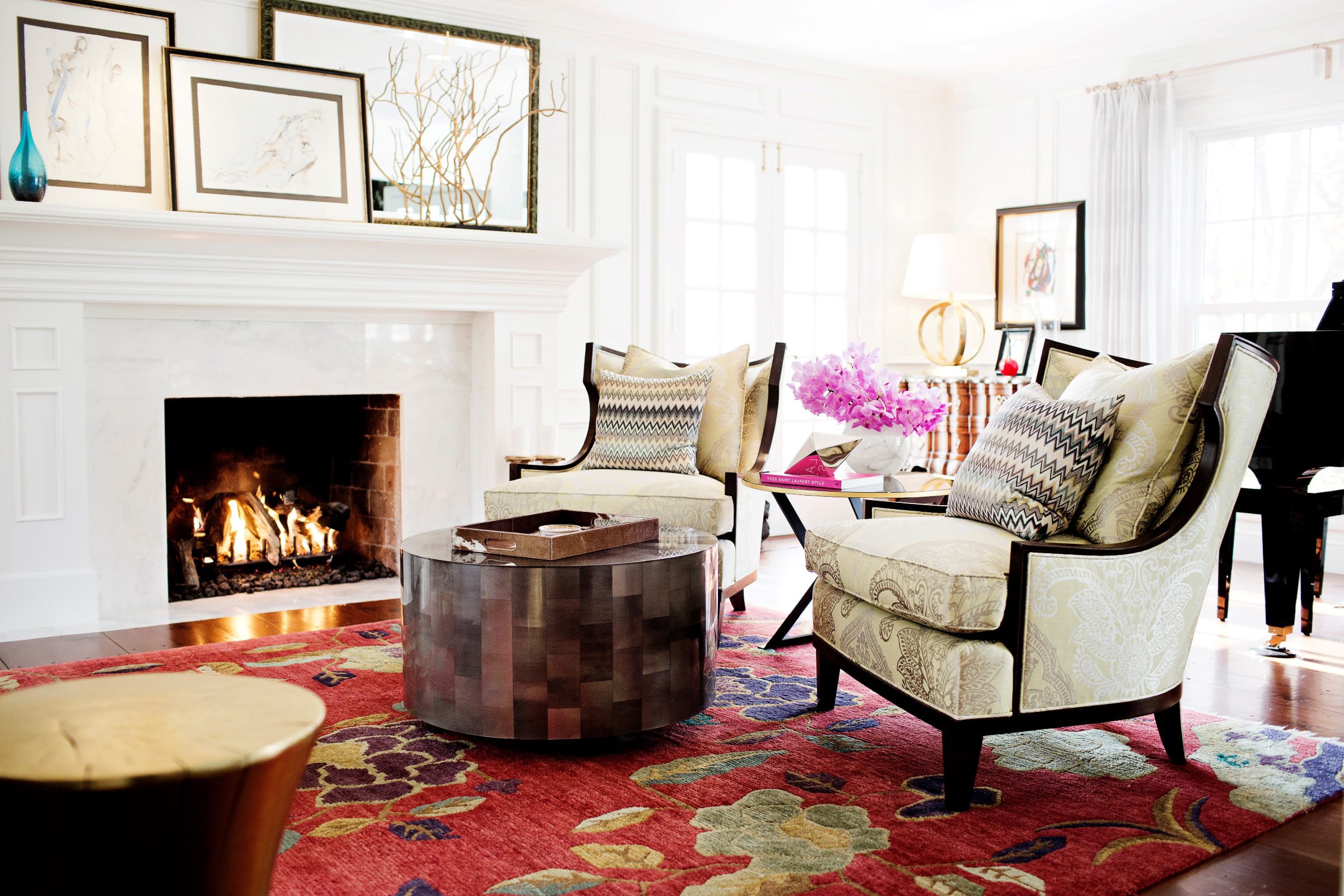 high-end living room, baker chairs, fireplace