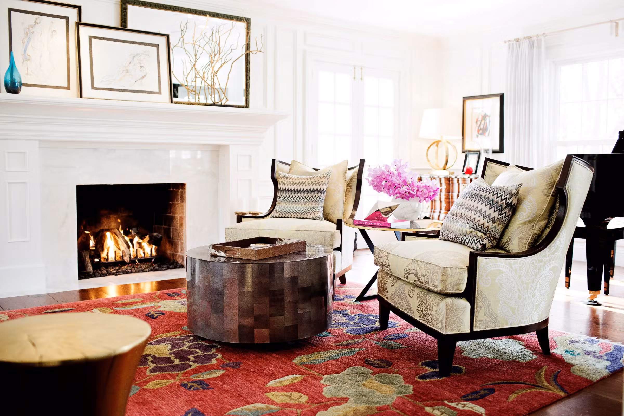 high-end living room, baker chairs, fireplace