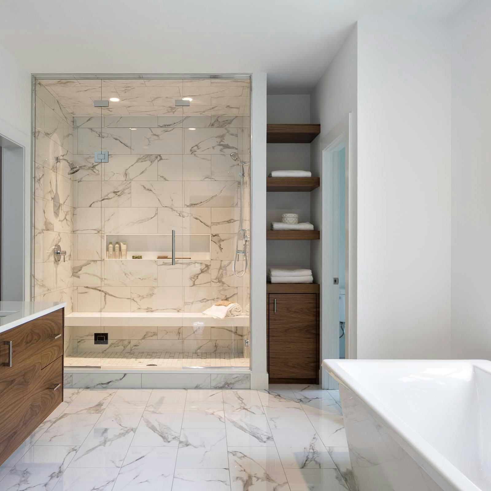 spa bathroom, shower, soaking tub, custom vanity and mirror