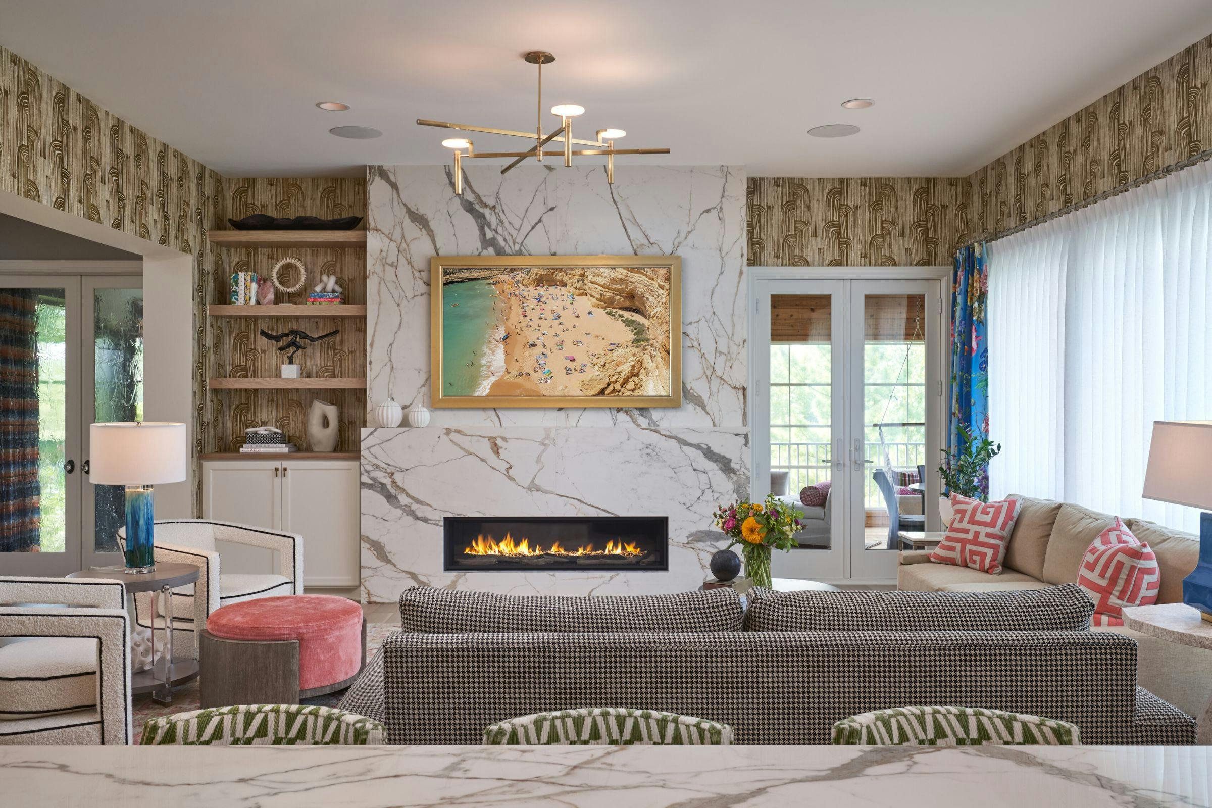 gold and white living room fireplace