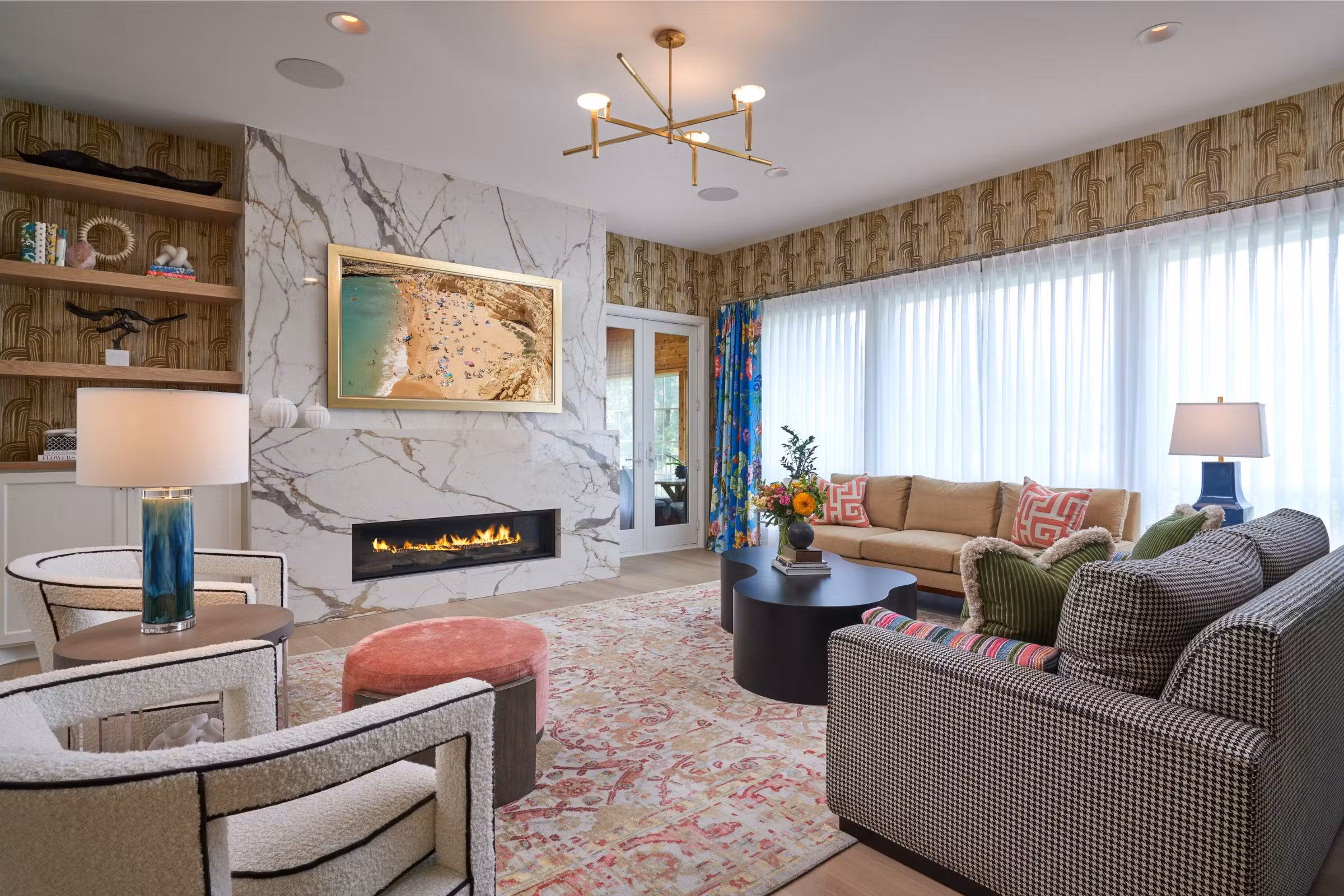 white and gold living room with fire place