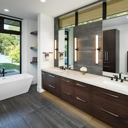 modern bathroom with transom windows, long vanity